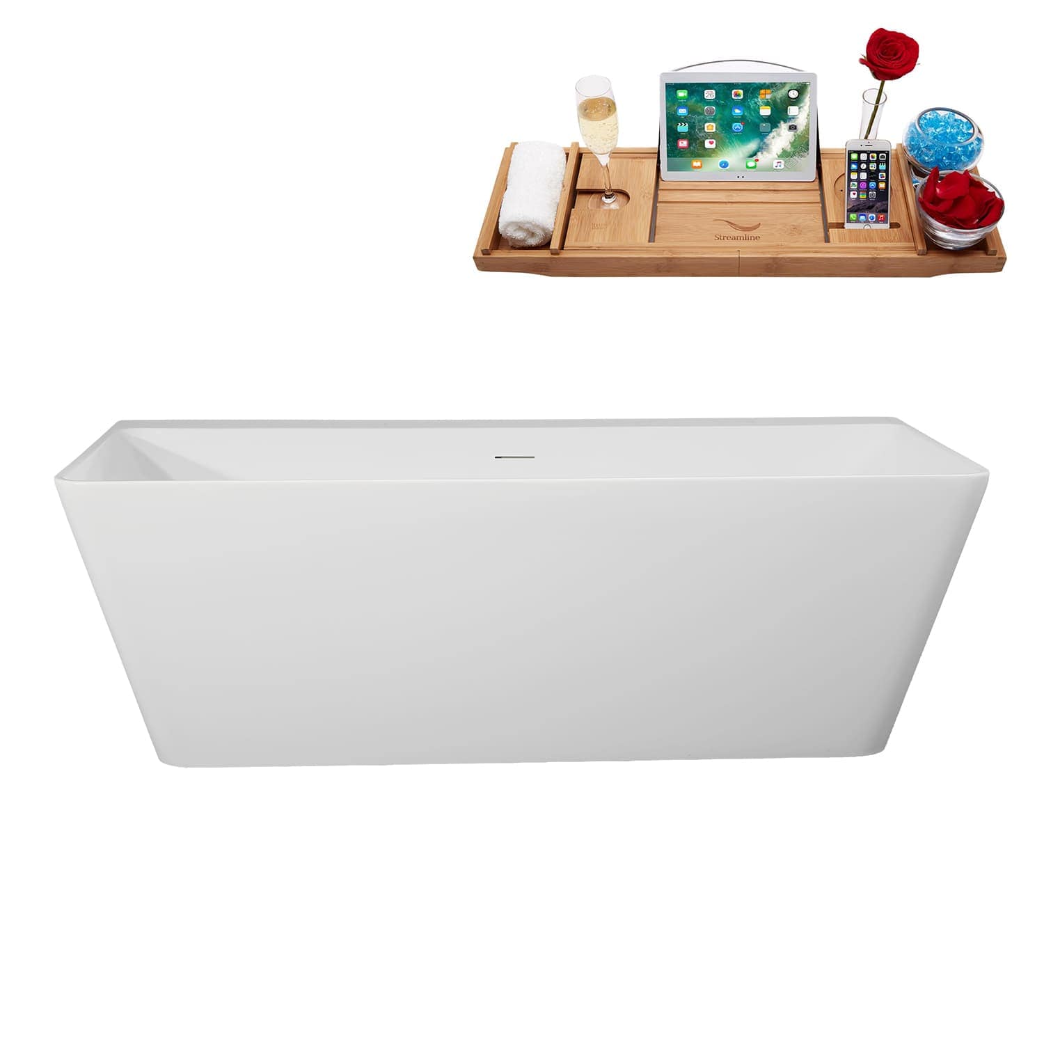 Streamline 67 inch  Soaking Freestanding Tub and Tray With Internal Drain in Brushed Gold