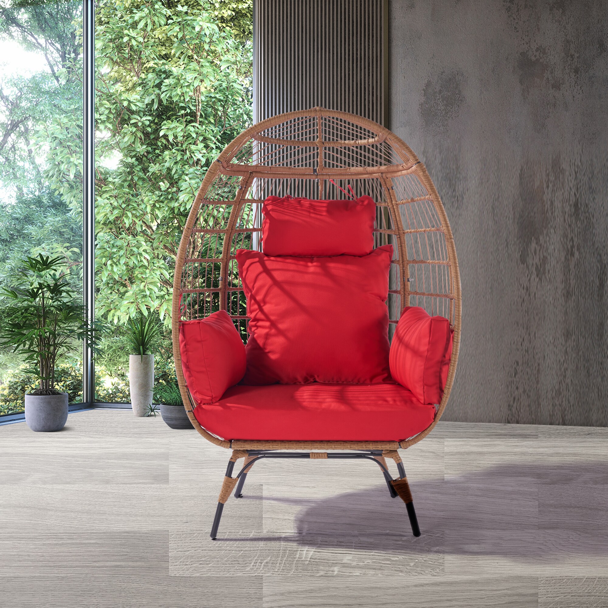 CESICIA Patio Chairs Rattan Red Rattan Frame Stationary Egg Chair with ...