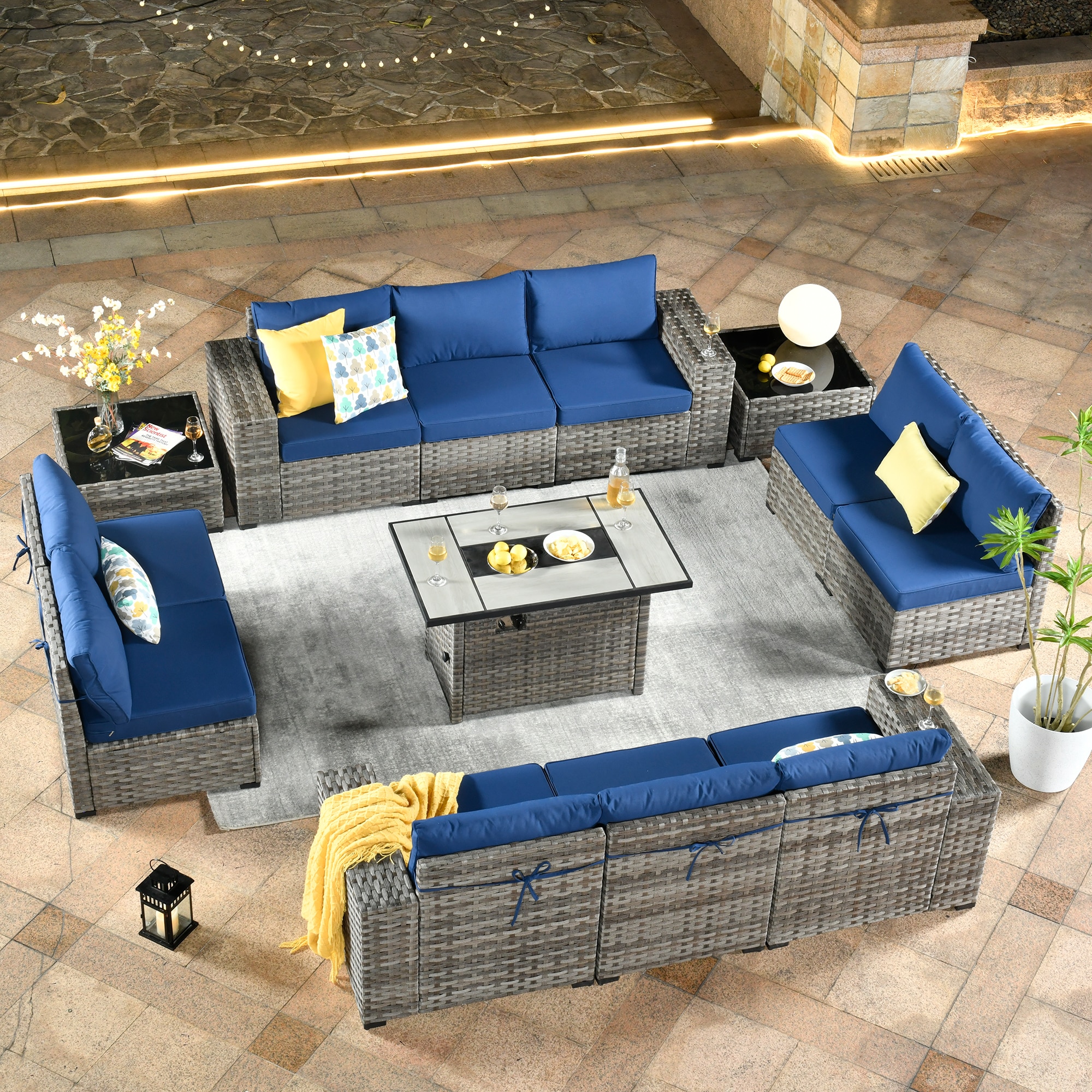XIZZI XIBBR705-12FP Caerus 13 -Piece Rattan 2 Patio Sofa Conversation Set with Blue Cushions