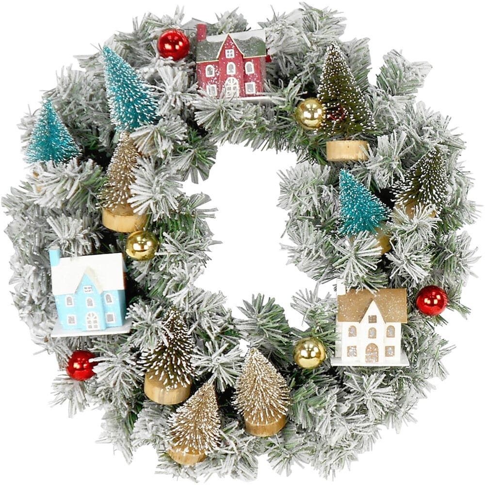 Fraser Hill Farm FF024CHWR002-0MLT Snowy Village 24-in Indoor/Outdoor Snow/Green Mixed needle Artificial Christmas Wreath