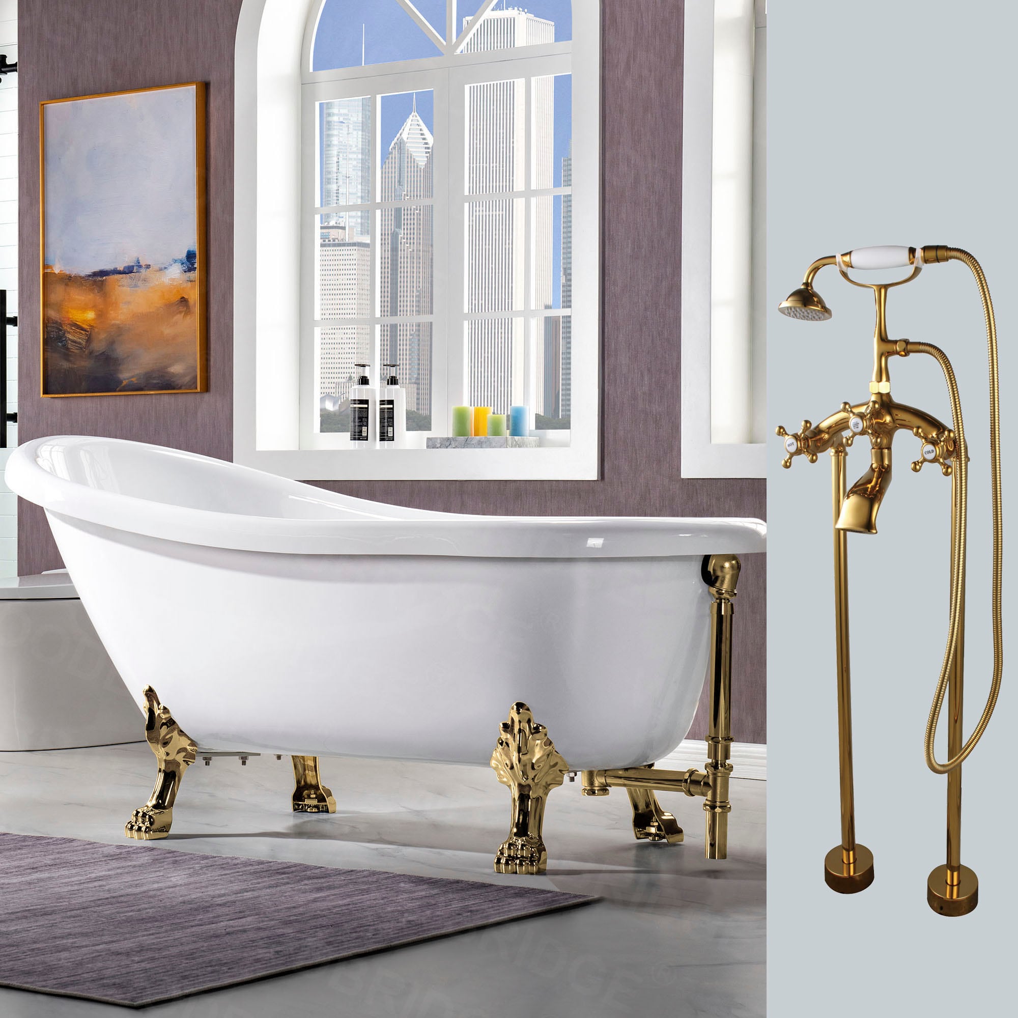 Salem 29.875-in x 67-in White with Gold Trim Acrylic Oval Clawfoot Soaking Bathtub with Faucet and Drain (Reversible Drain) | - Woodbridge LB389