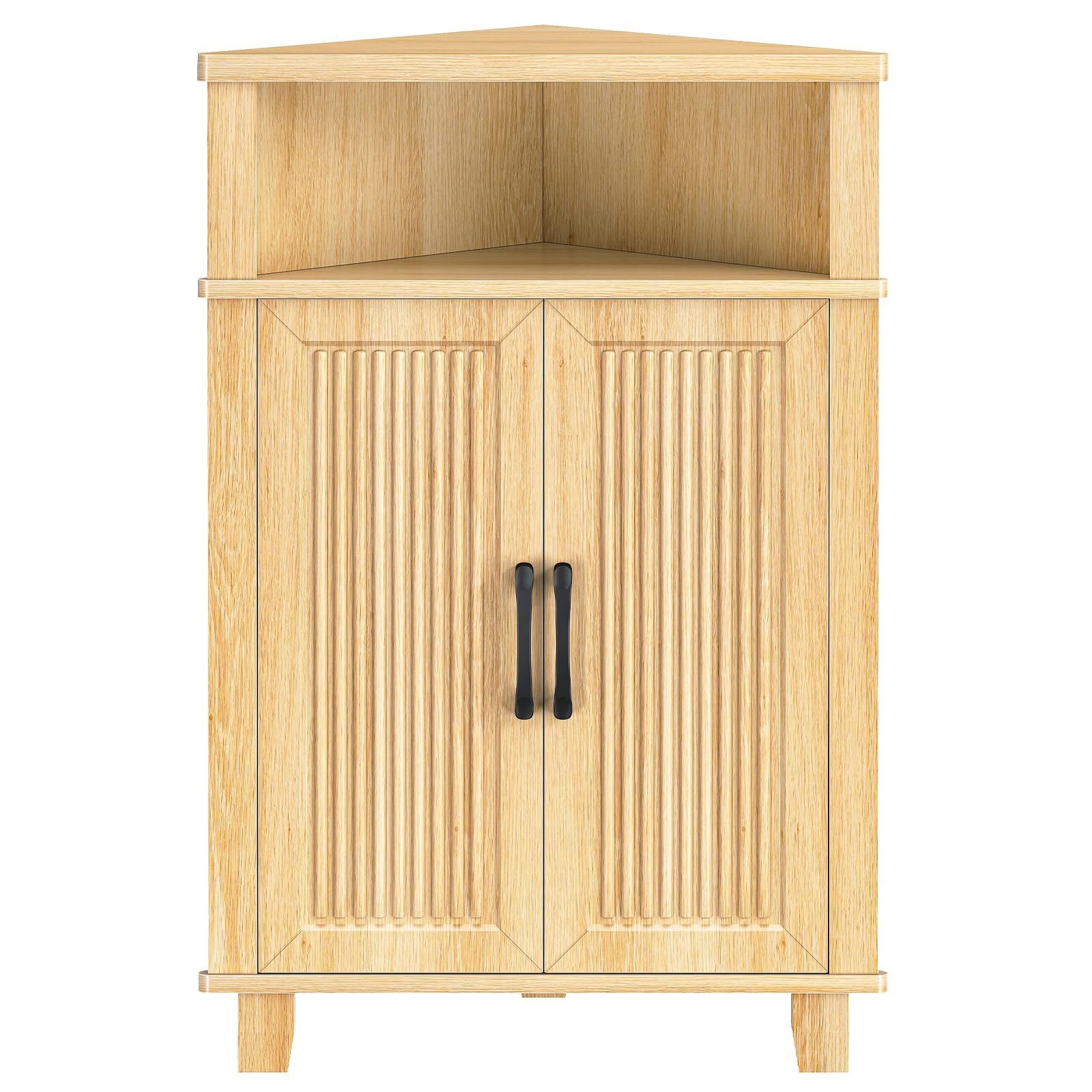 Slickblue Freestanding Wooden Corner Cabinet with Fluted Design Adjustable Shelf Open and Closed Storage for Bathroom Living Room or Bedroom
