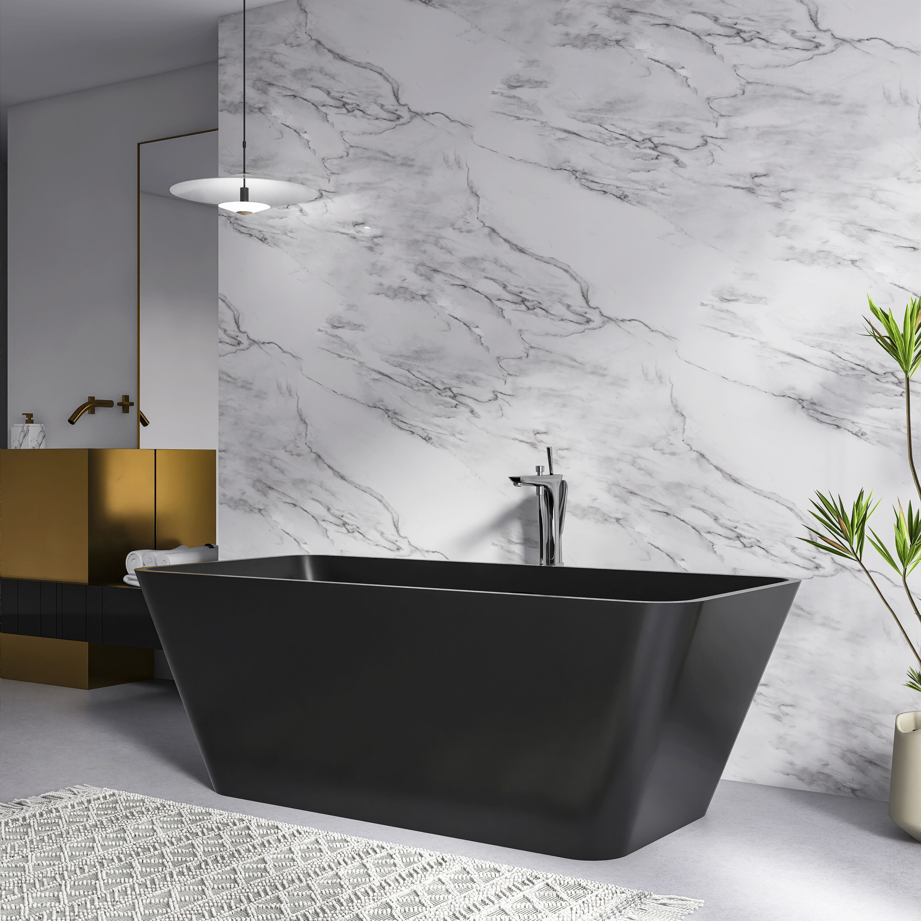 Vynxaria 67-in Black Solid Surface Stone Resin Freestanding Soaking Bathtub