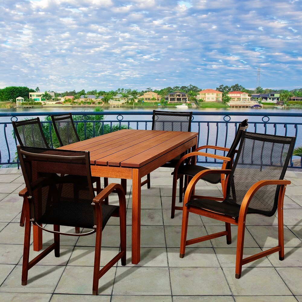 Envelor Fletcher 7 Piece Brown Patio Dining Set Wood Rectangle Table With 6 Stationary Chairs In