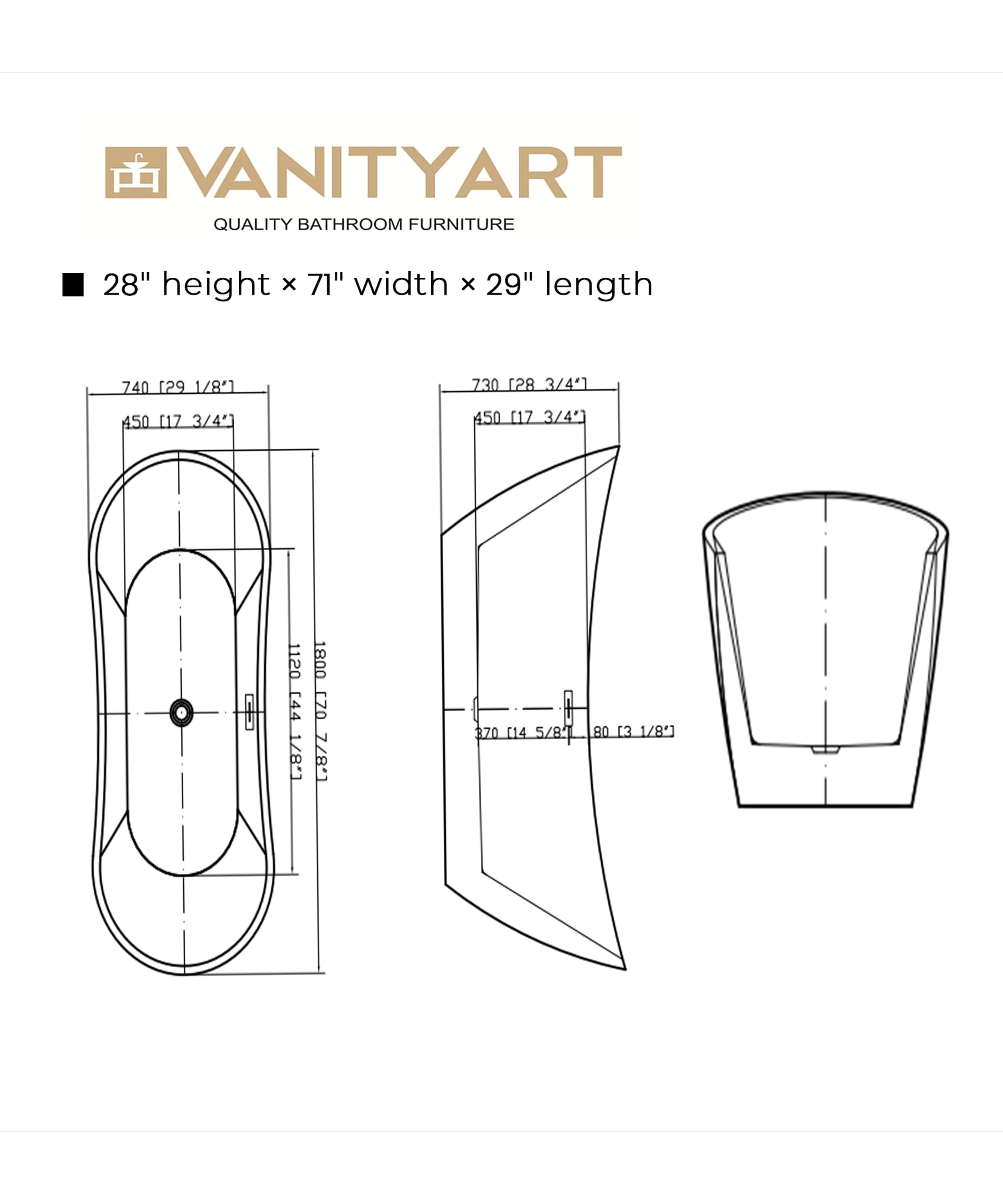 White Acrylic 71" Freestanding Soaking Bathtub with Chrome Drain