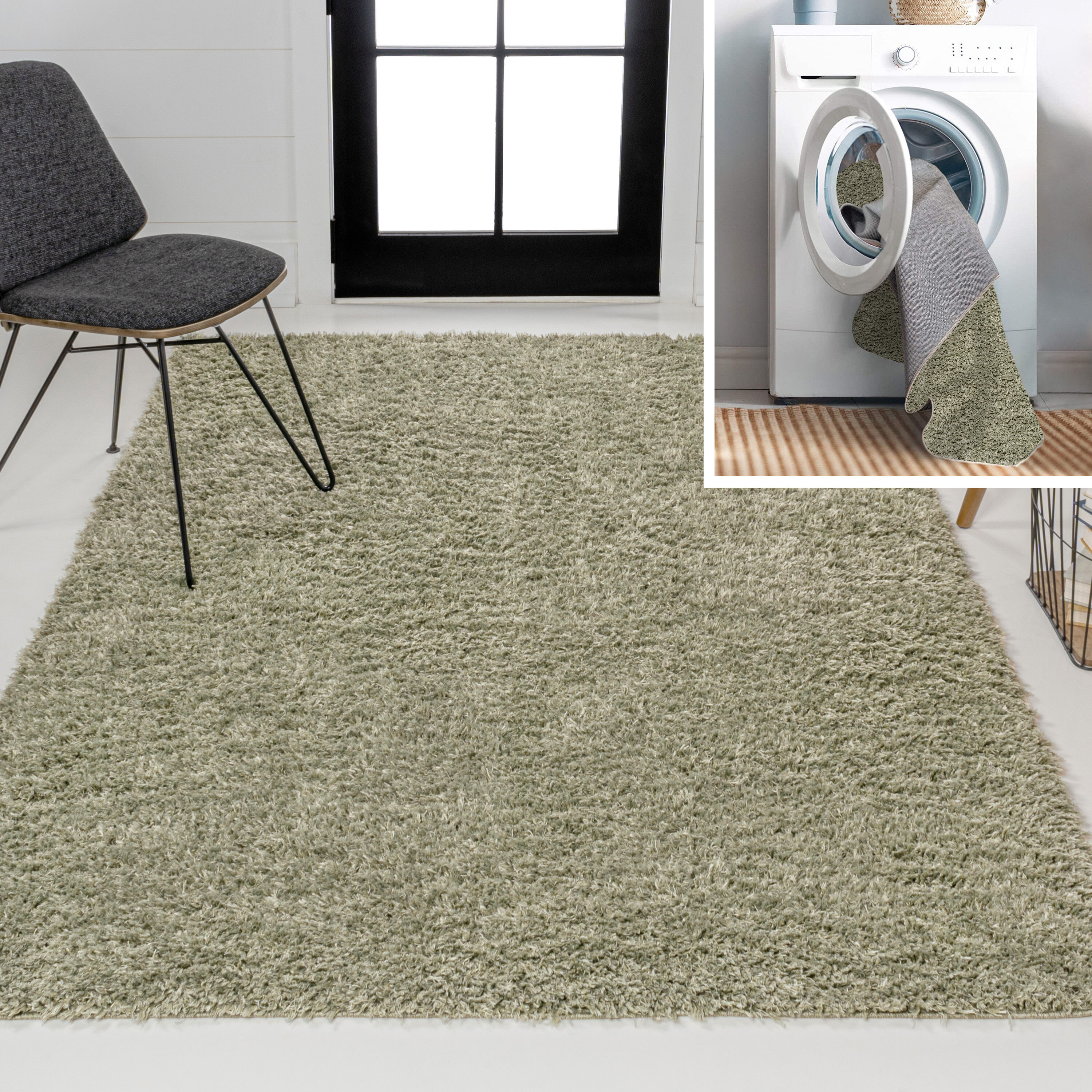 JONATHAN  Y WSH400J-5 WASHABLE Clayton Coastal Solid Glam Shag 5 x 7 (ft) Loomed Polyester Green Rectangular Indoor Solid Coastal Machine washable Area rug