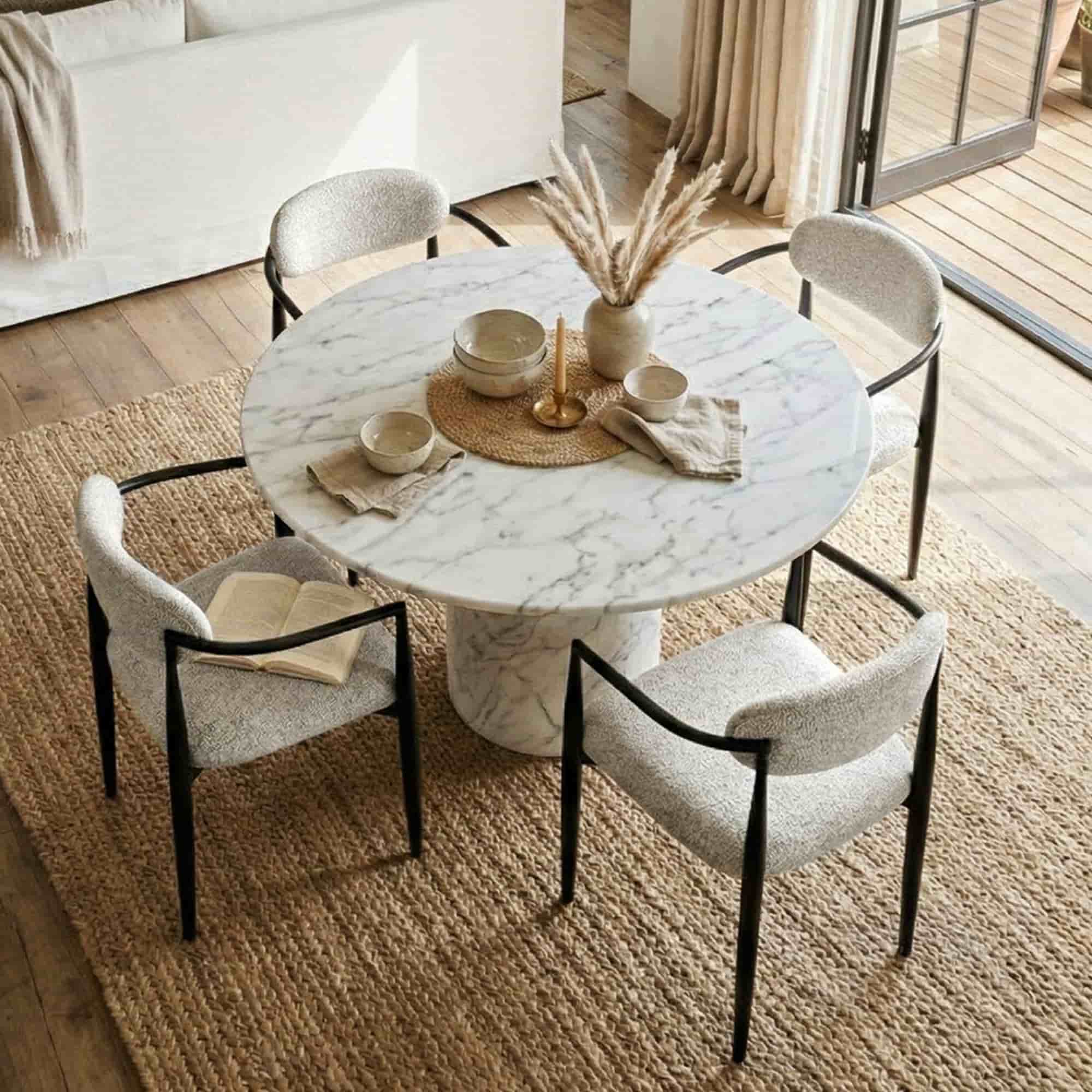 Maison Boucle - Set of 4 Beige Chenille Upholstered Dining Arm Chairs with Curved Back for Small ...