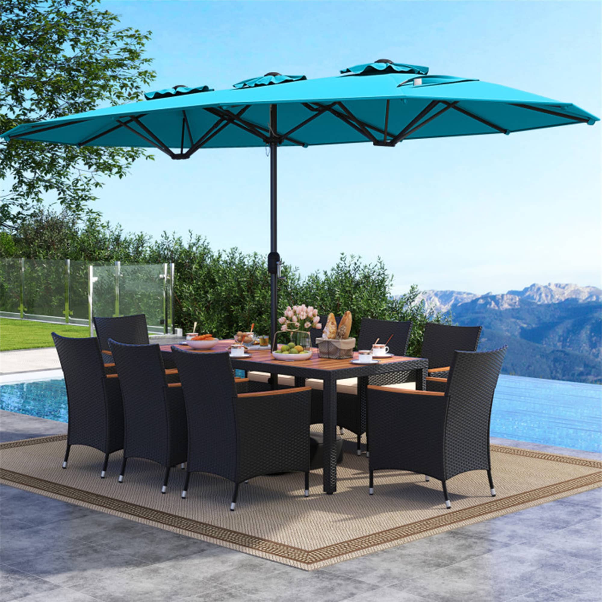 BABOOM Patio Furniture Set With 15 Feet Double-Sided Twin Umbrella 10  -Piece Black Rattan Patio Dining Set Wood Rectangle Table with 8 Beige  Cushions Stackable Stationary Chairs and Umbrella Included in the