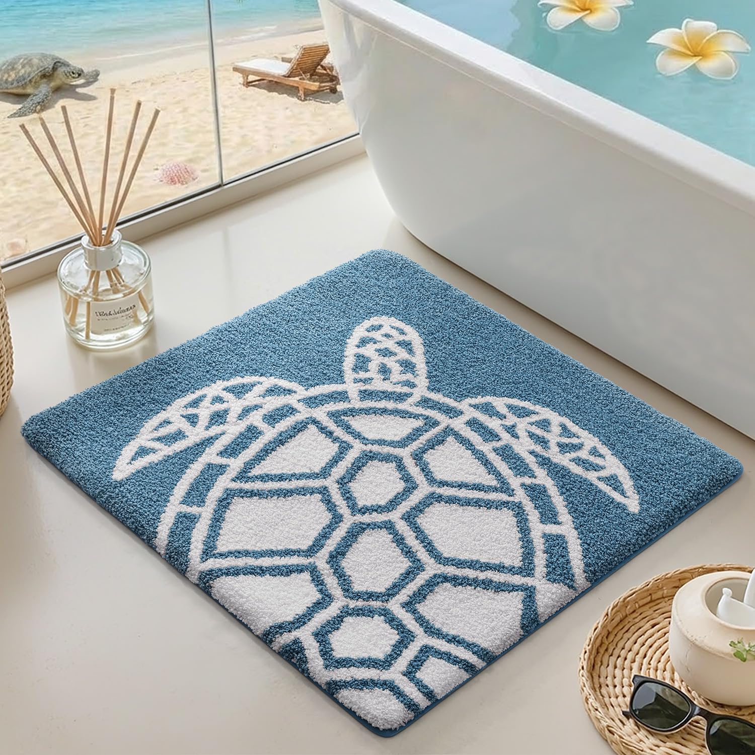 DHMHD  Ocean Sea Turtle Bathroom Rug Square Bath Mat 24x24 Soft Microfiber Non Slip Washable Absorbent Blue and White durable home and garden