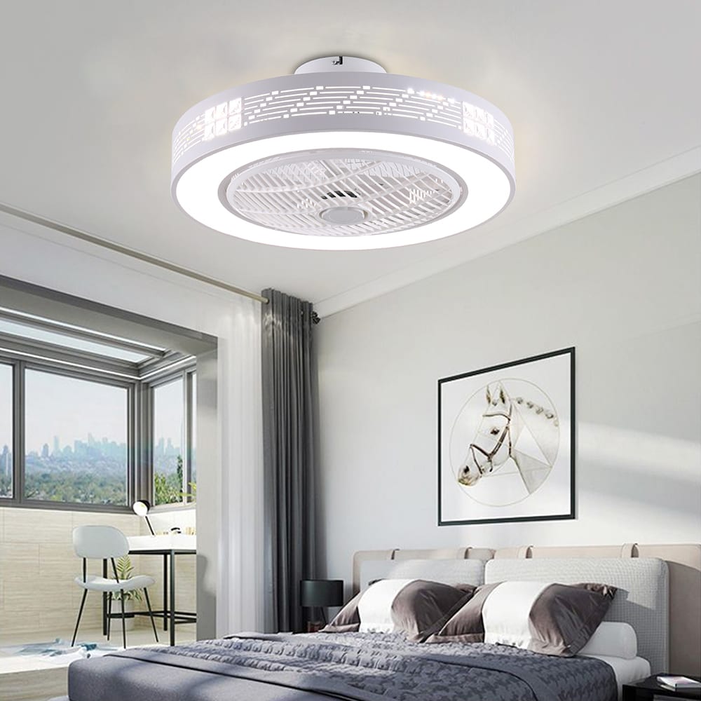 Oukaning HG-HCXLST-4166-US 22-in Color-Changing Flush Mount White hollow Pattern Reversible Timing with ABS Blades Bladeless Ceiling Fan With Light - Remote Included ( 5 -Blade )