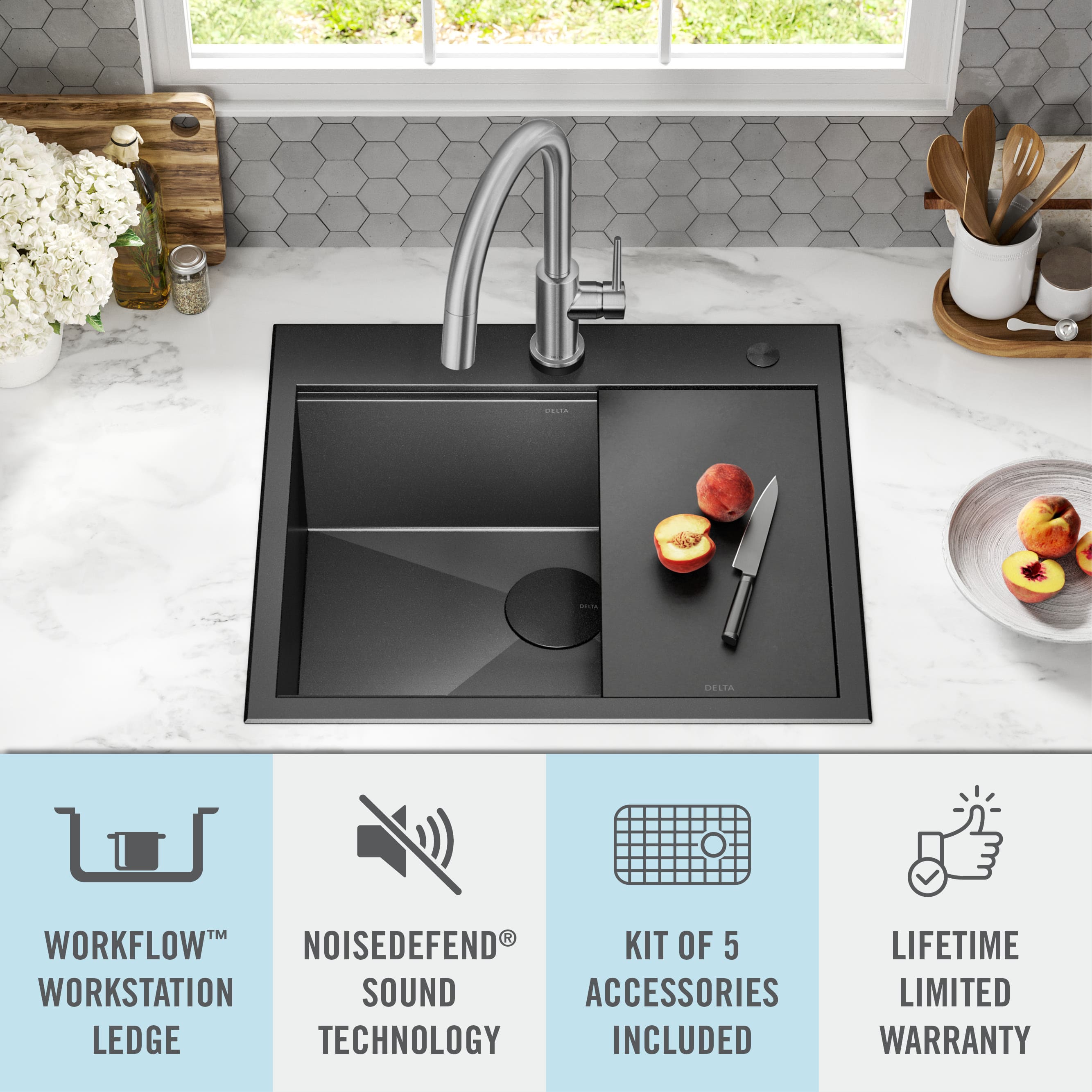 Delta - Rivet 25in Workstation Kitchen Sink Drop-In Top Mount 16 Gauge Stainless Steel Single Bowl with Workflow Ledge and Accessories