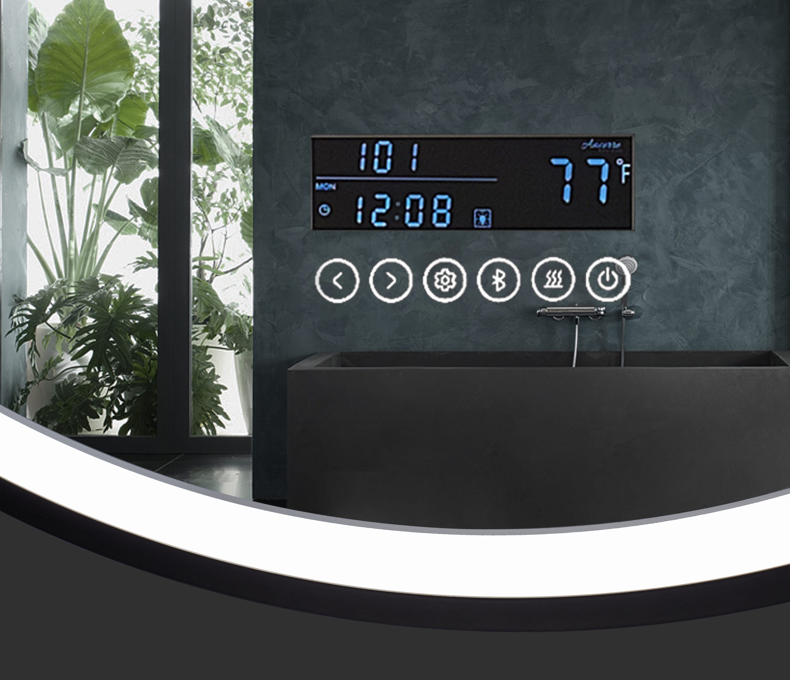 Round Black LED Bathroom Vanity Mirror with Bluetooth and Digital Display