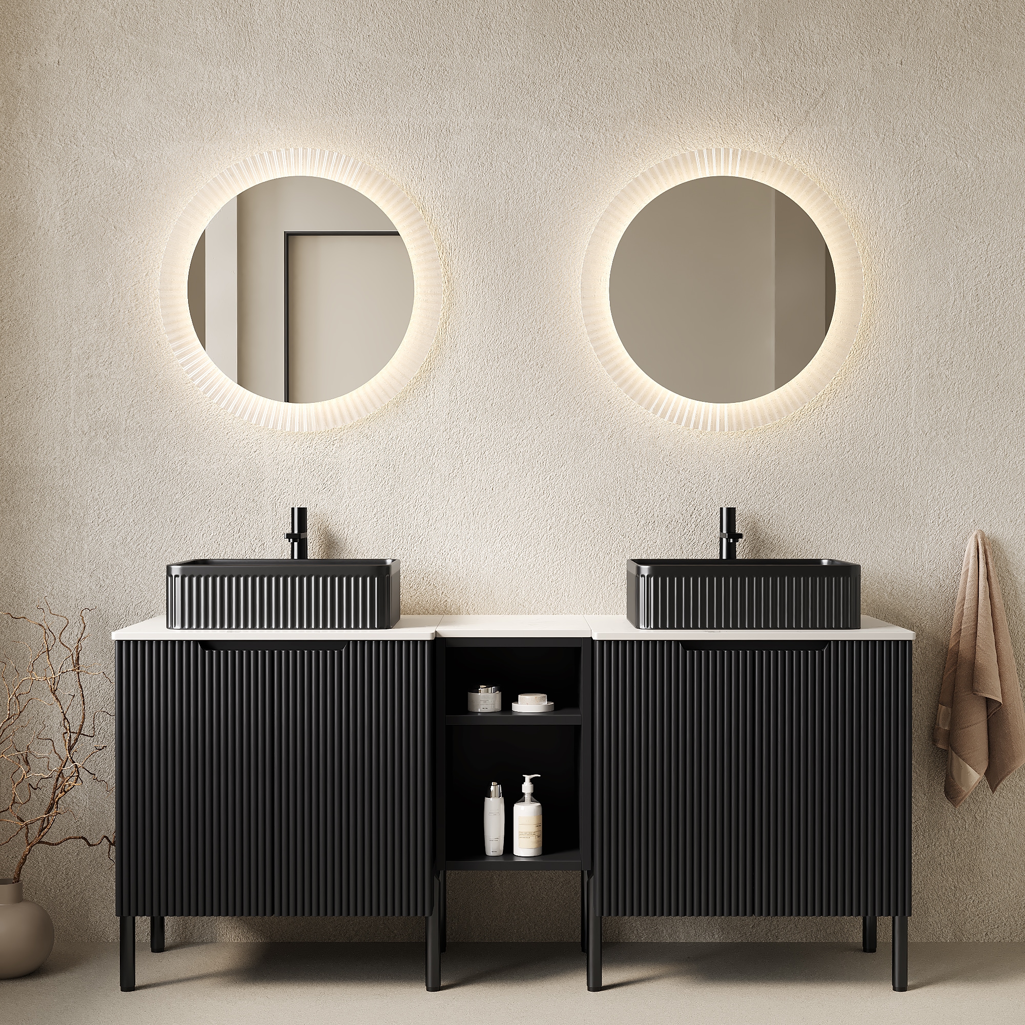 Vynxaria 60 in Black Freestanding Bathroom Vanity with Matte Black Ceramic Sink Carrara White Sintered Stone Countertop and 2 Soft Close Doors