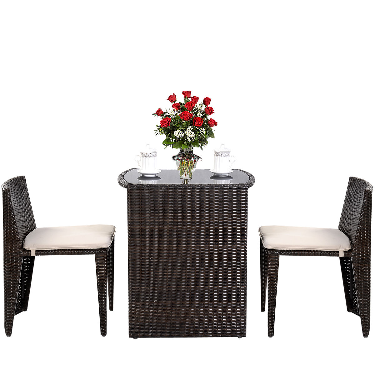 WELLFOR LWAROP102 3 -Piece Rattan Patio Conversation Set with White Cushions