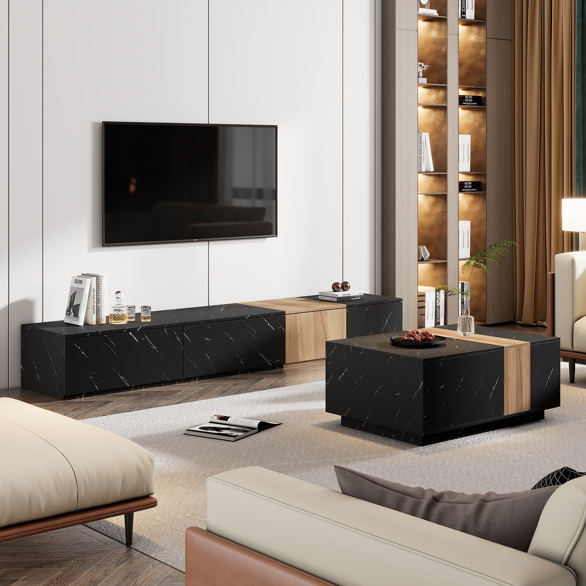 ModernLuxe N721S000039B TV Stand and Coffee Table with Faux Marble Walnut Wood Grain Finish Set of 2 Modern Entertainment Center for TVs up to 88inch Center Table with 2 Storage Drawers for Living Room Black