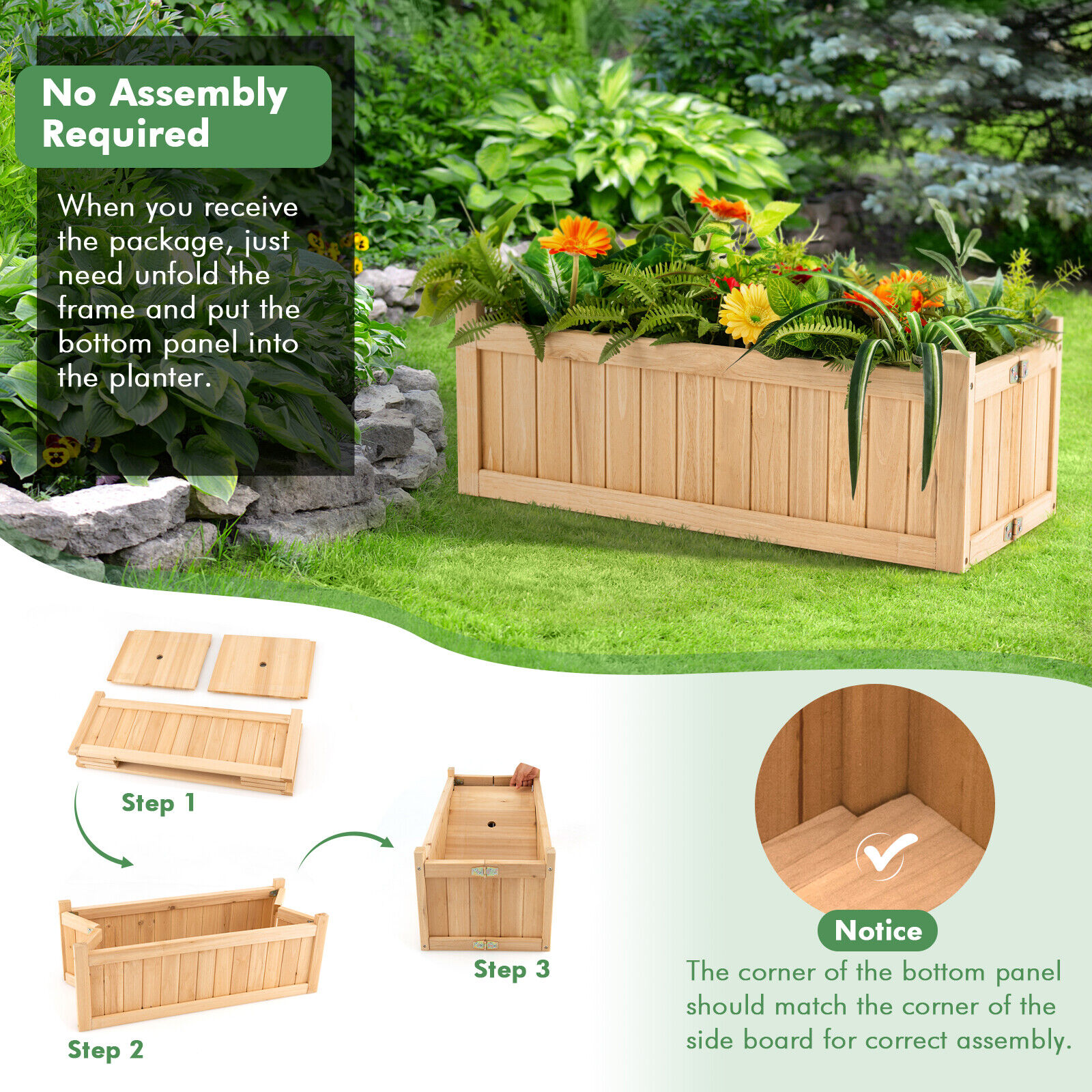 WELLFOR 27.5 in.L x 12 in.W x 10 in.H Natural Wood Raised Garden Bed ...