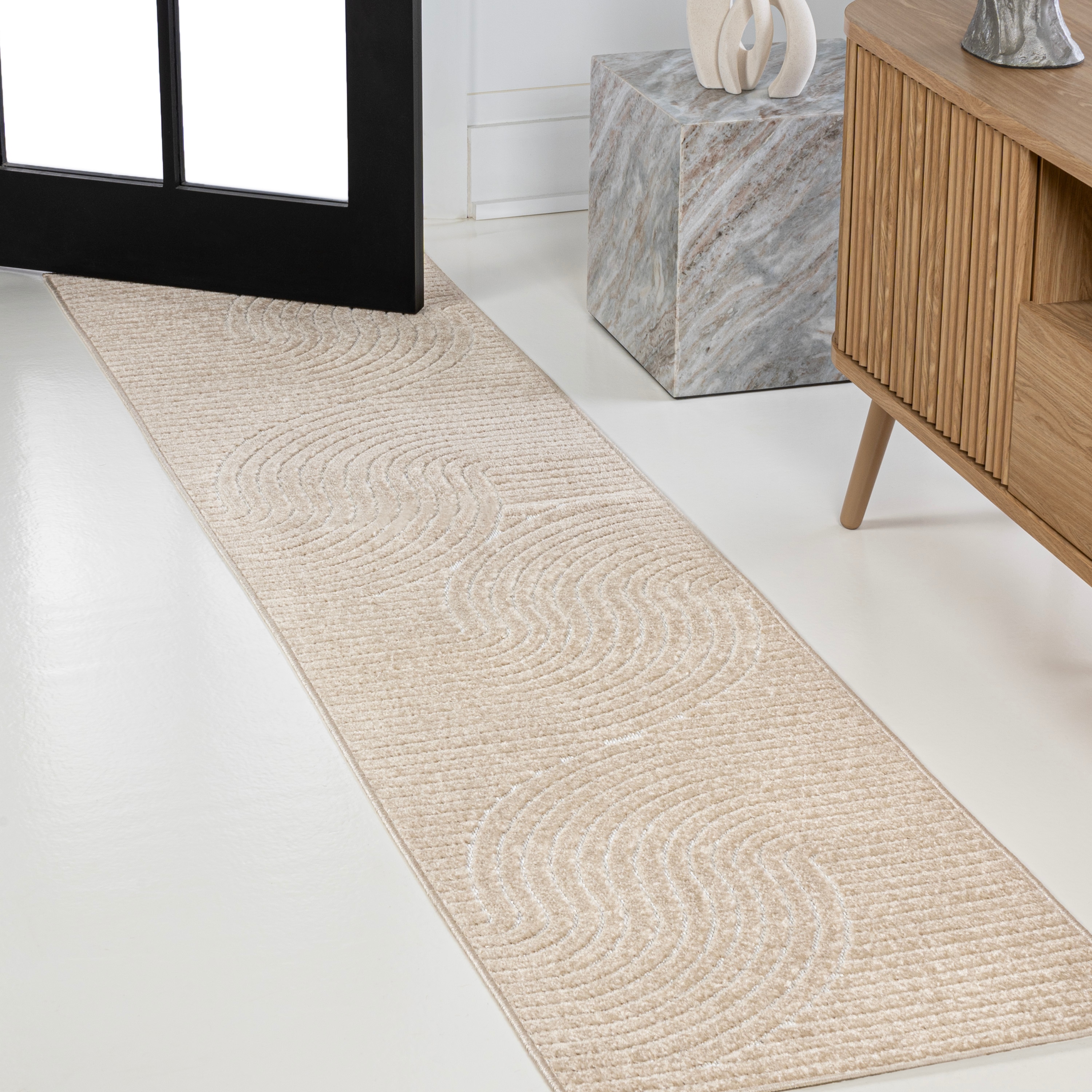 JONATHAN  Y SCN100D-28 SCANDINAVIAN Hallie High-Low Minimalist Curve 2 x 8 (ft) Loomed Polypropylene Beige/Cream Rectangular Indoor/Outdoor Geometric Bohemian/Eclectic Runner rug