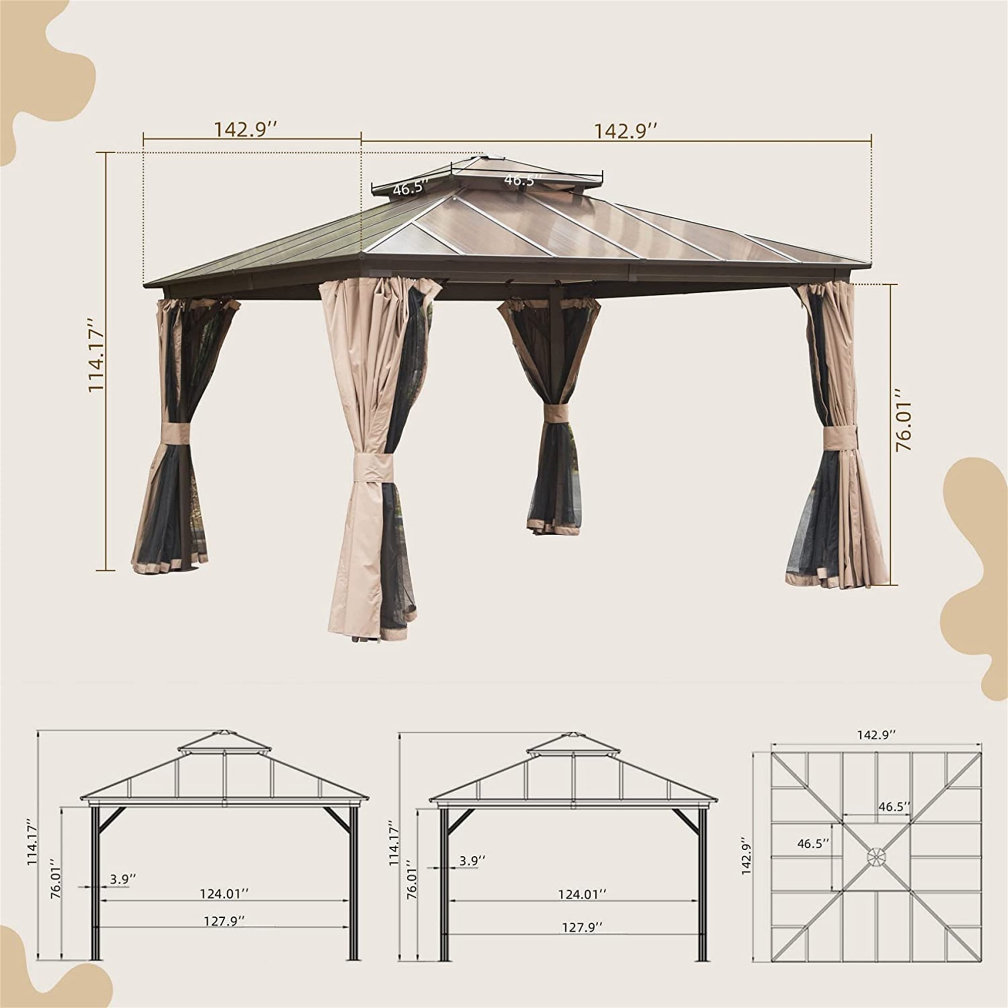 12'x12' Brown Aluminum Hardtop Patio Gazebo with Curtains