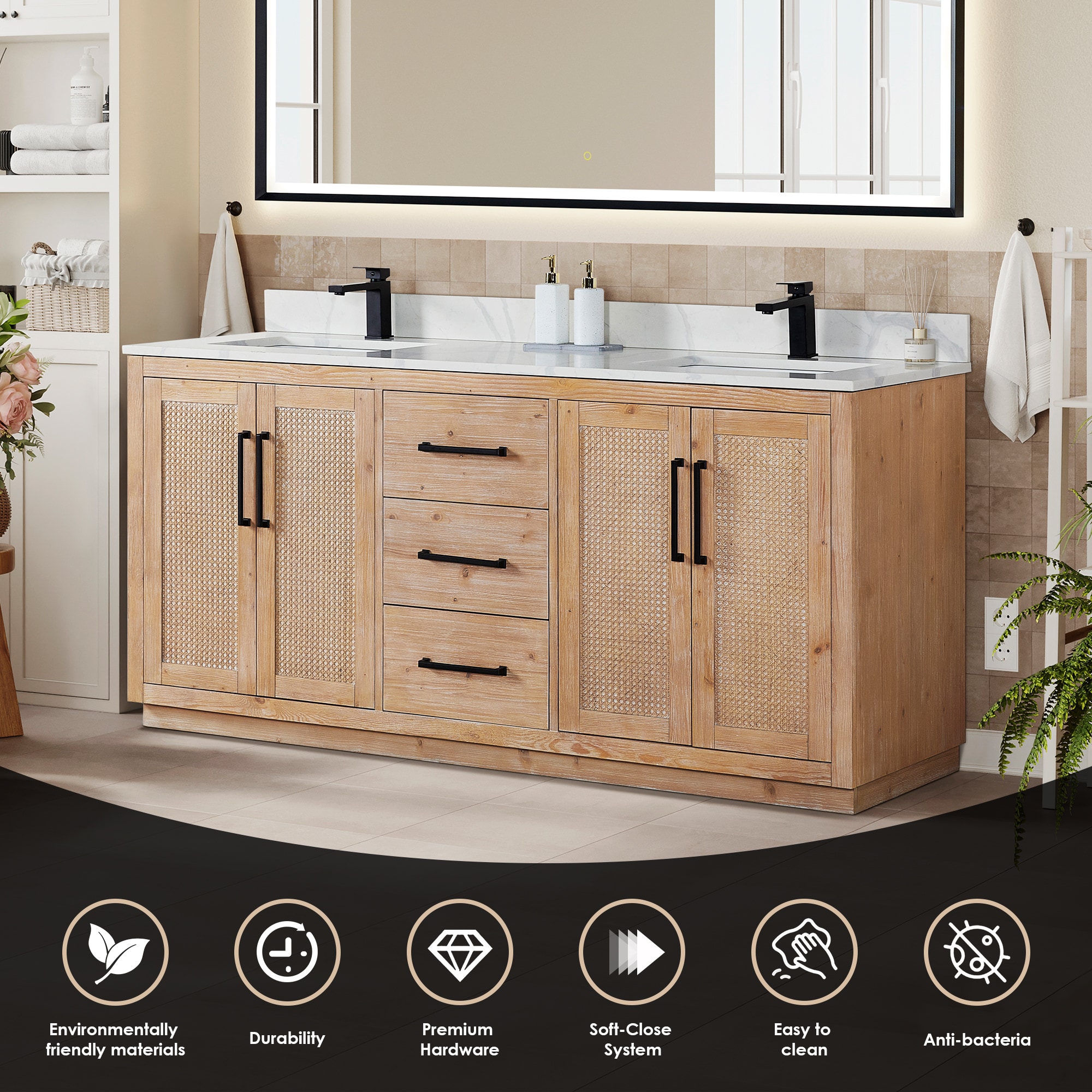 Light Brown Double Sink Freestanding Vanity with Rattan Doors and Quartz Top