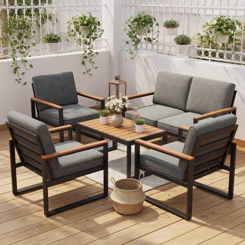 VERYKE Set of 2 Modern Aluminum Outdoor Patio Armchairs Grey Olefin ...