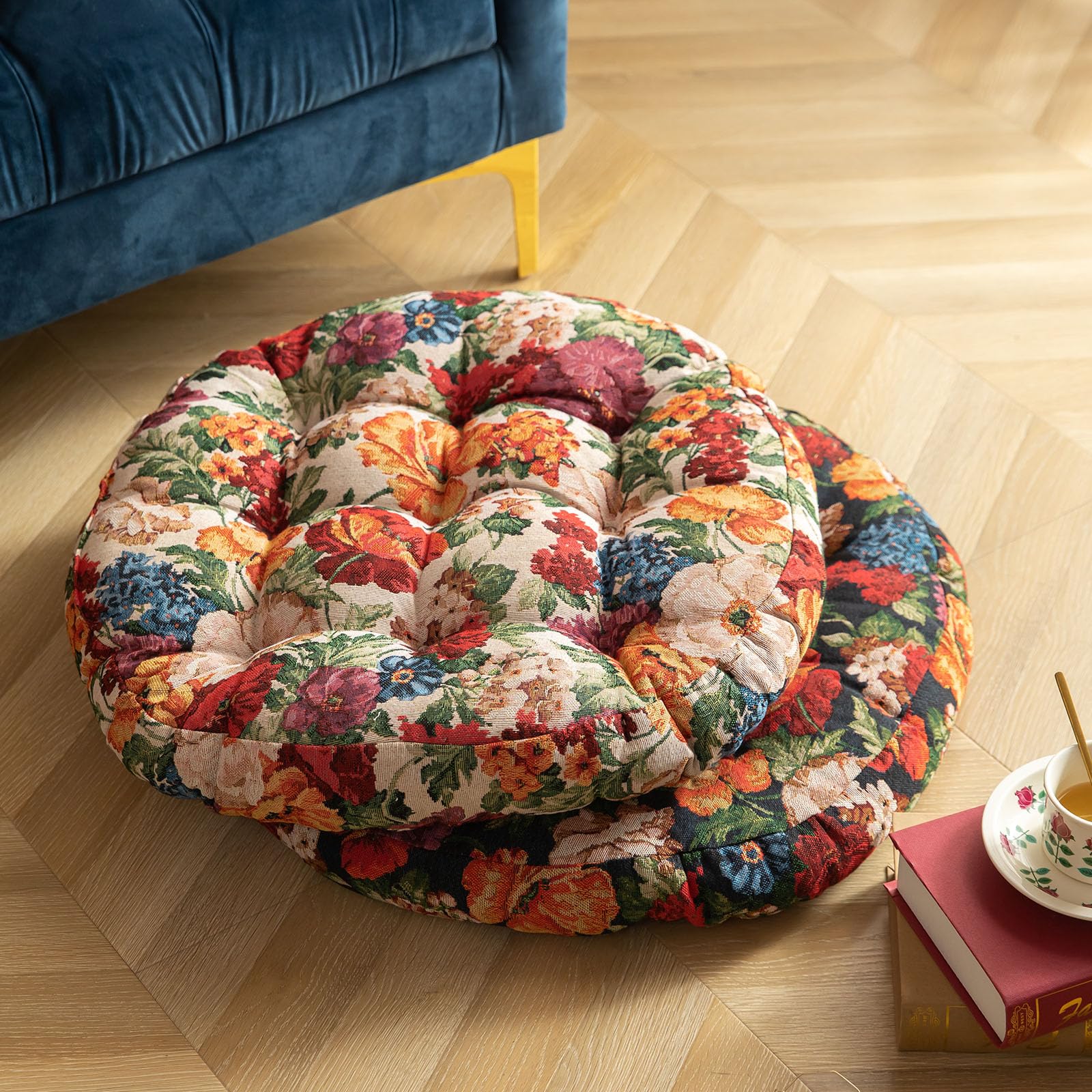 Garvee - Round Vintage Jacquard Chair Cushion Floral Tufted Seat Pad Soft Comfortable Indoor Chai...