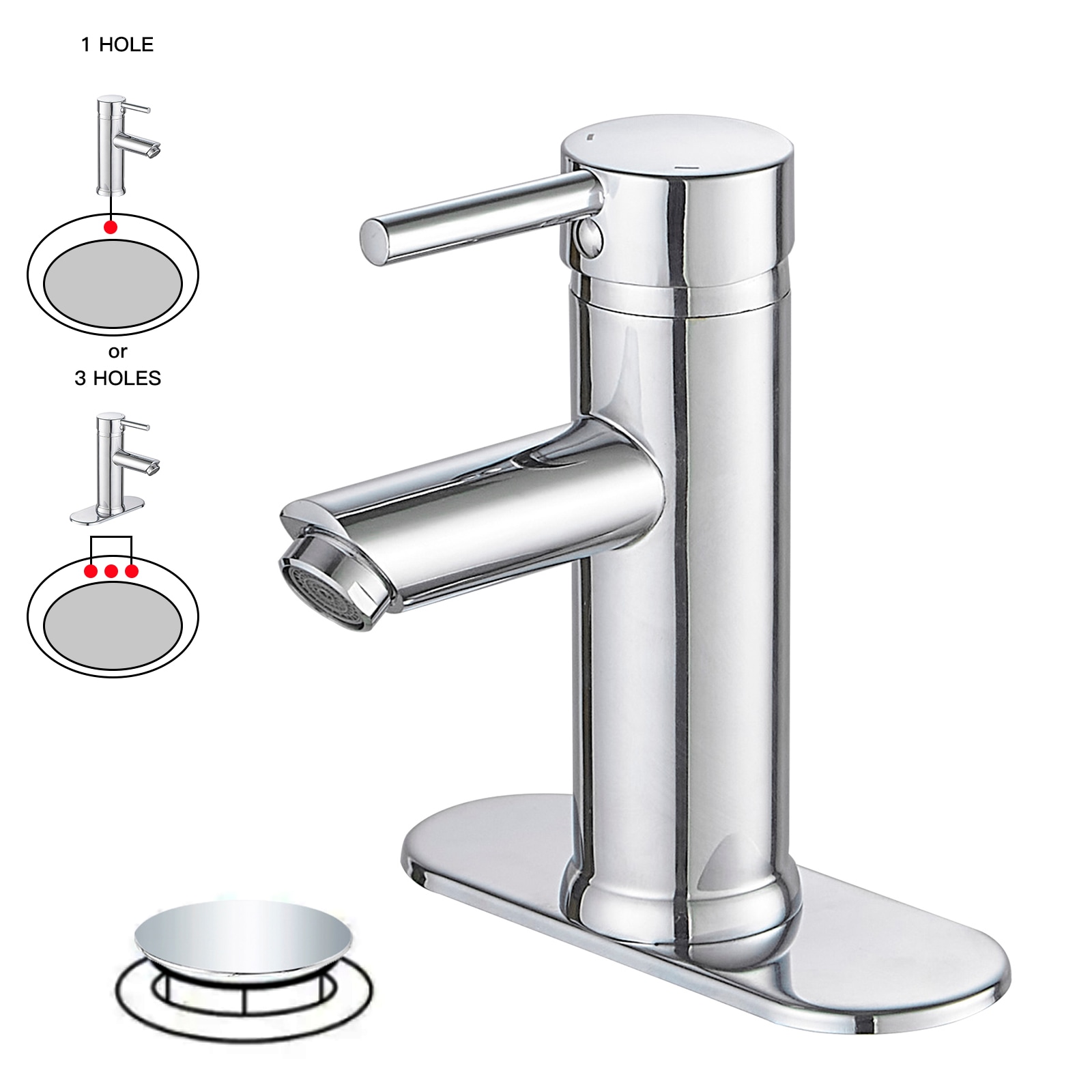 BWE A-99051-C-2 Polished Chrome Single hole 1-handle WaterSense Low-arc Commercial/Residential Handle Bathroom Sink Faucet with Drain with Deck Plate