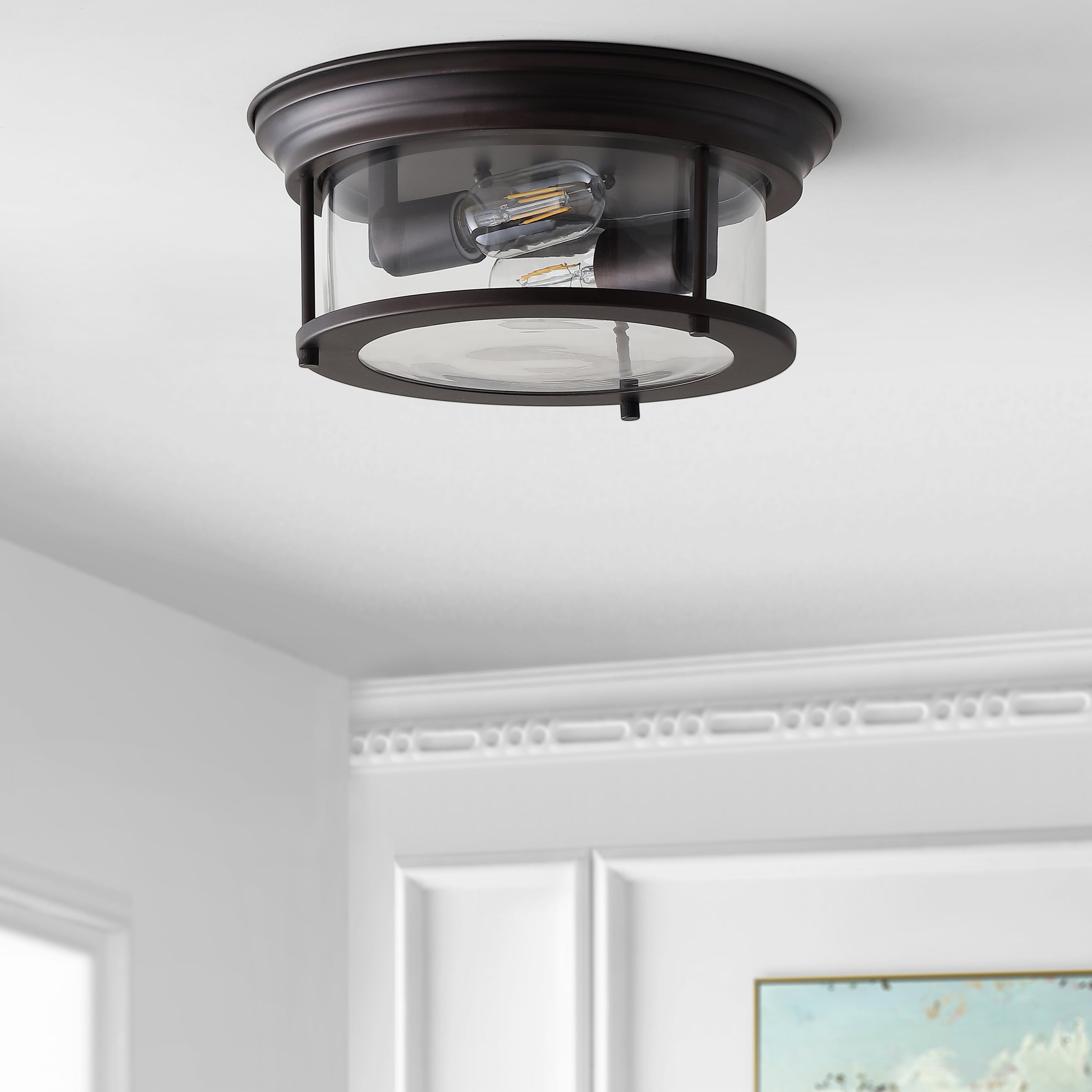 Elegant 13.25" Oil Rubbed Bronze Glass Drum Flush Mount LED Light