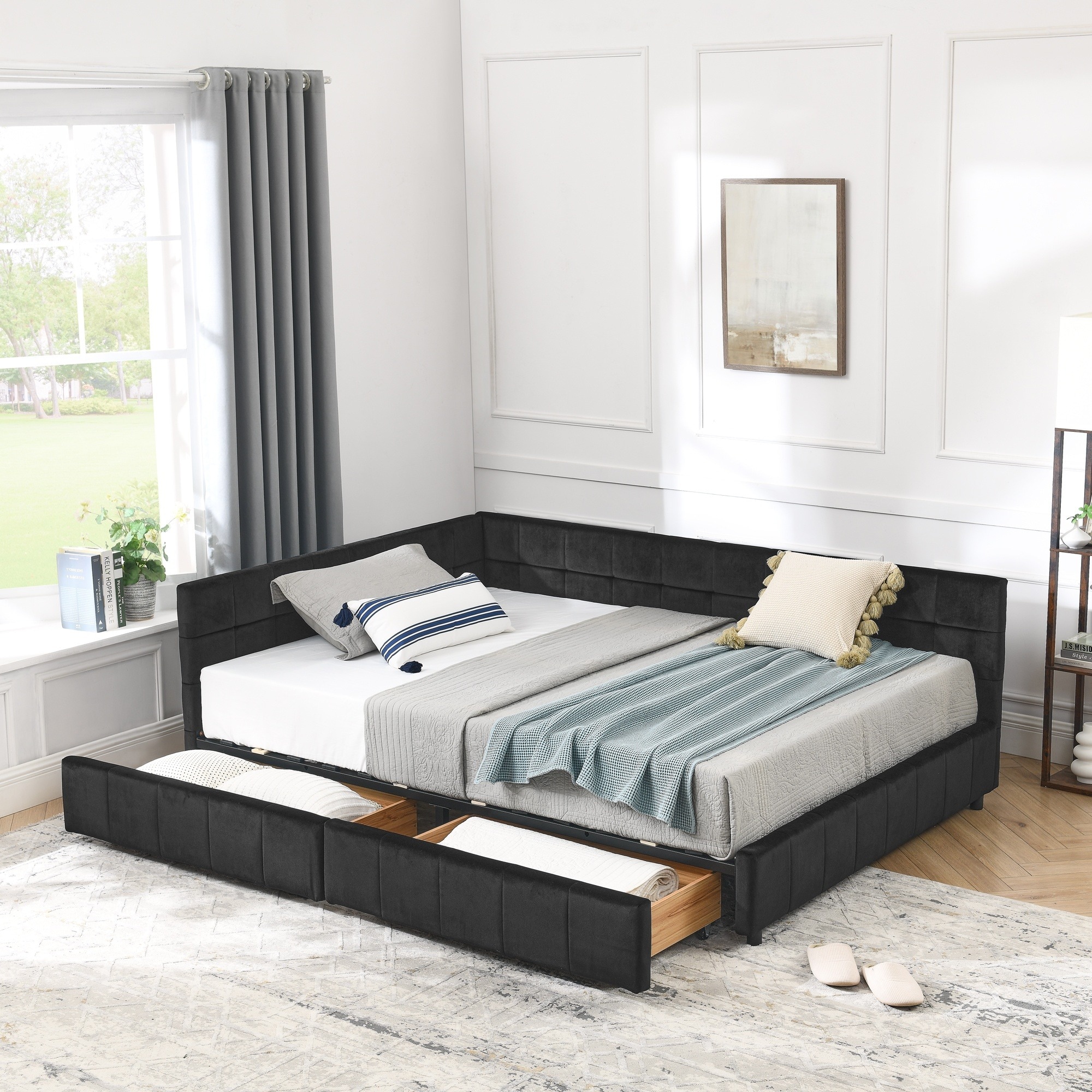 Horizons Prime Full Black Velvet Upholstered Storage Bed Frame with Comfortable Backrest and Armrests