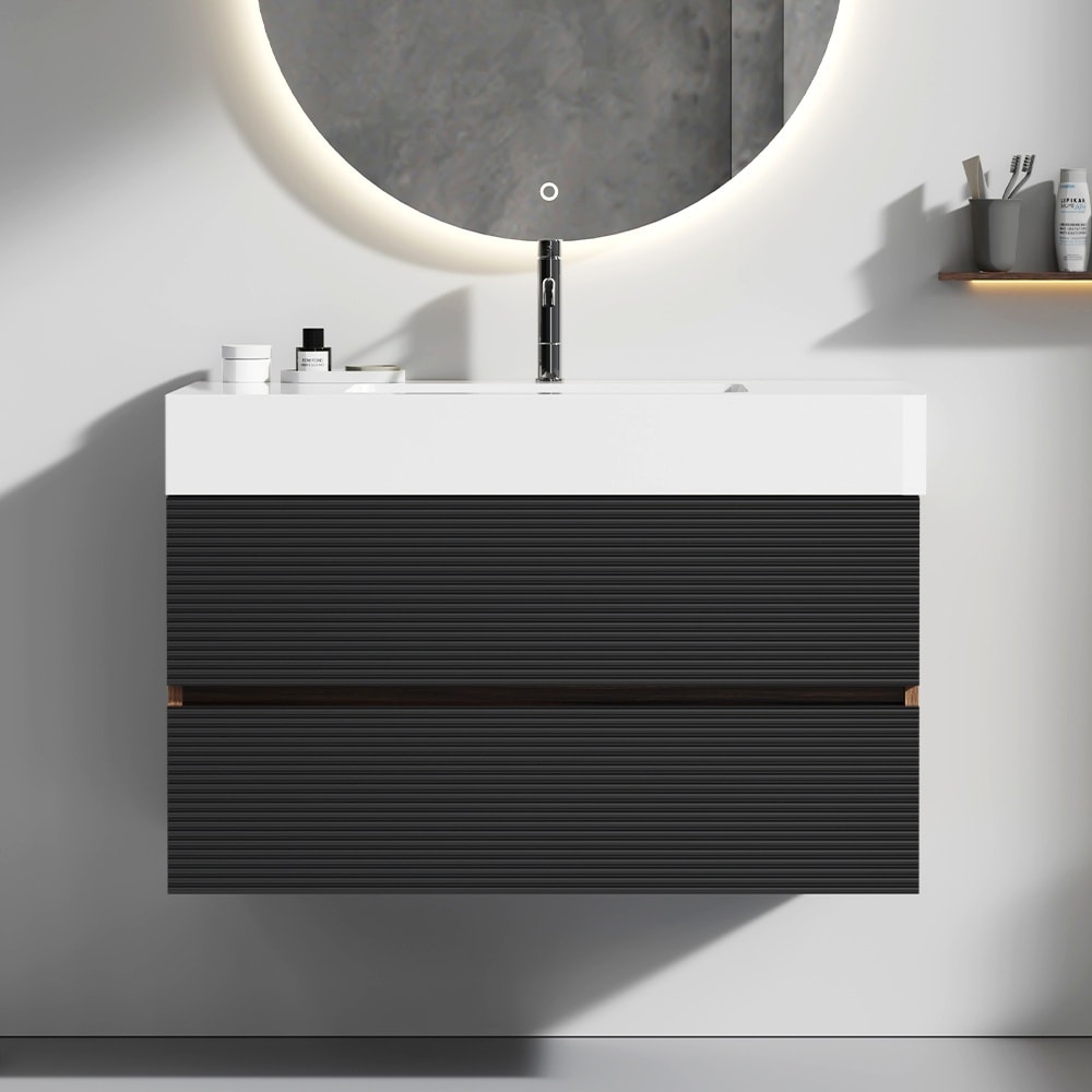 LIVACA 36 inch Walnut Black Bathroom Vanity with Glossy White Solid Surface Sink and Soft Black Drawers Wall Mounted Floating Bathroom Vanity with Silent Soft Closing Drawers