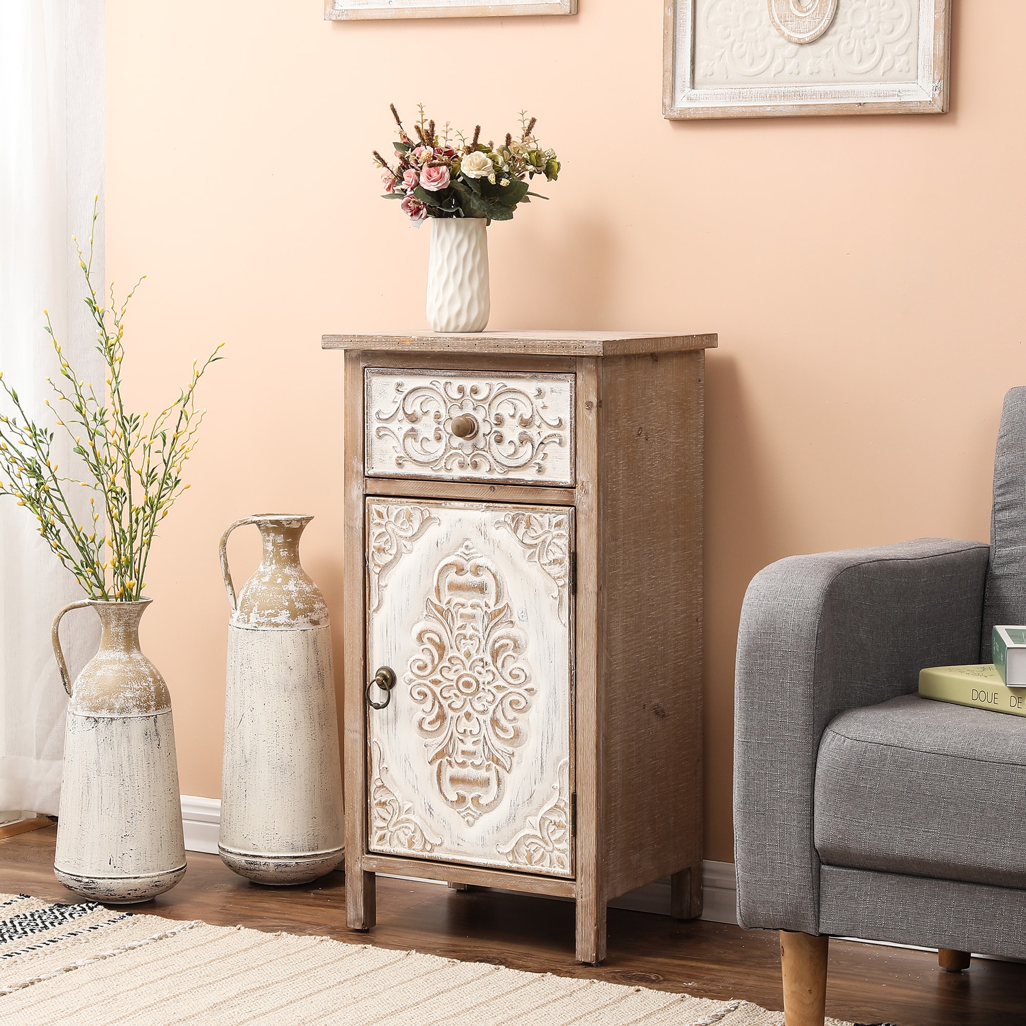 Rustic Floral Carved Wood and Metal End Table with Storage