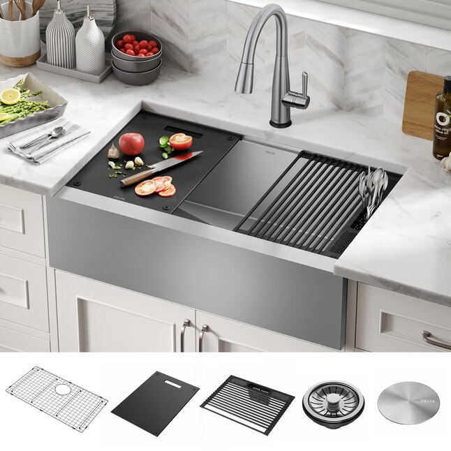 Delta Rivet Farmhouse A Front 33 In, Best 33 Inch Stainless Steel Farmhouse Sink Mixers