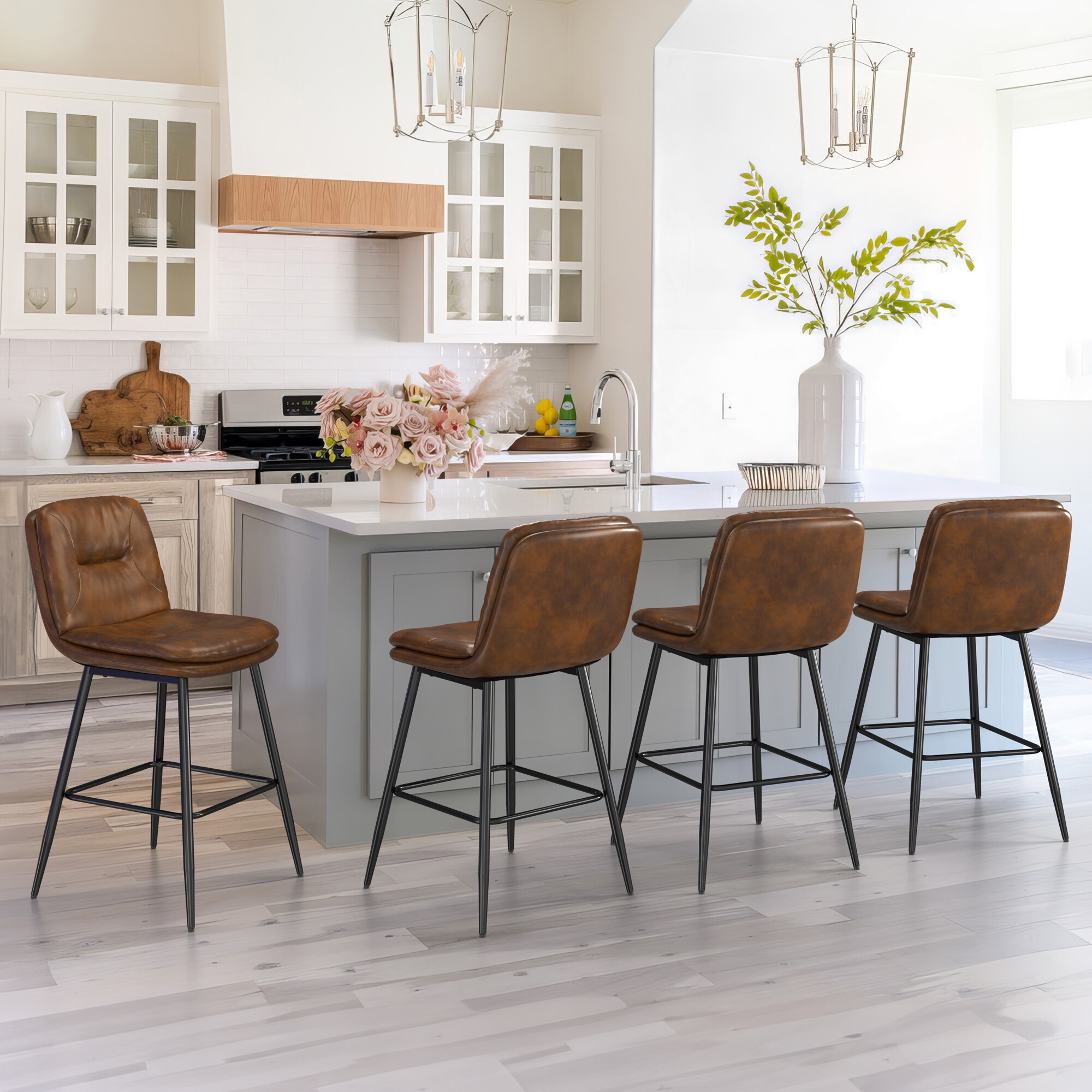 LUE BONA Set of 4 Dark Brown 24in H Counter height Upholstered Metal