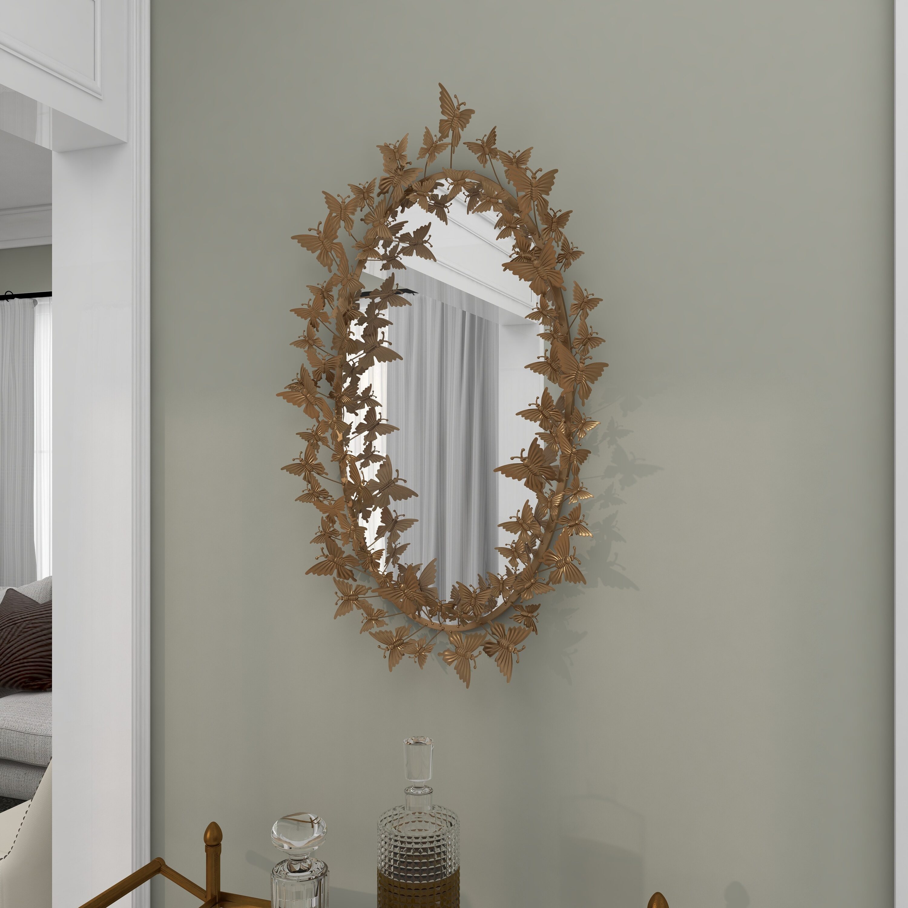 Gold Oval Wood Butterfly Wall Mirror, 19" x 33"
