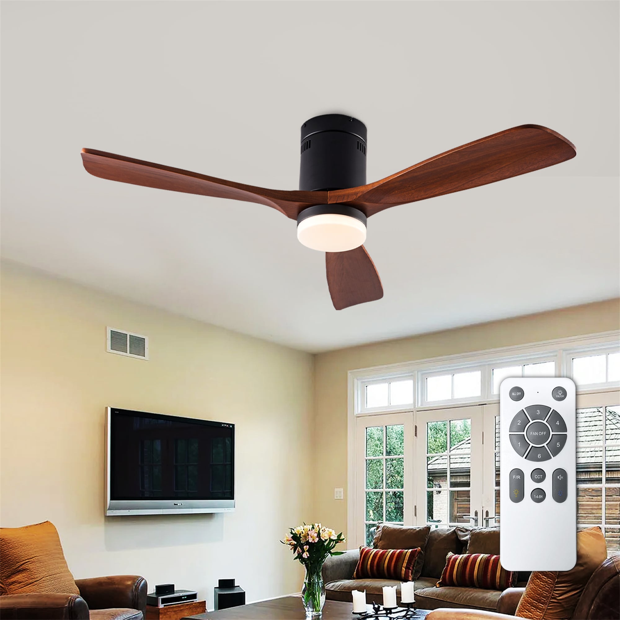 BABOOM - Wood Ceiling Fans 52-in Brown LED Flush Mount Ceiling Fan With Light and Remote Control ...