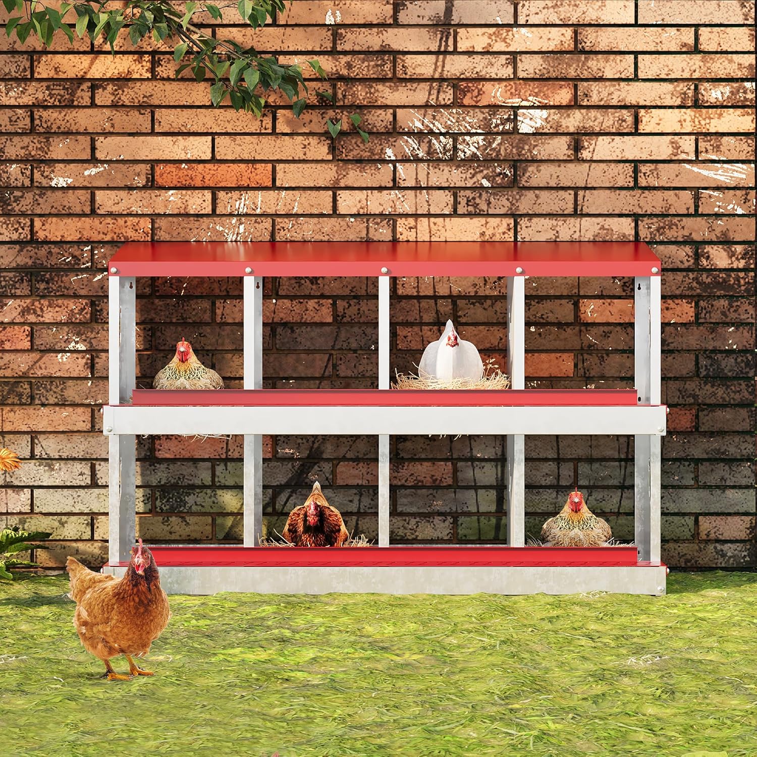 Qeetex GGL-PHO-348SS85U 8-Hole Red Chicken Nesting Box  Chicken Nesting Box with Legs  Metal Chickens Laying Boxes with Perch  Metal Roll Away Eggs Laying Boxes  Versatile Wall Mount for Chickens