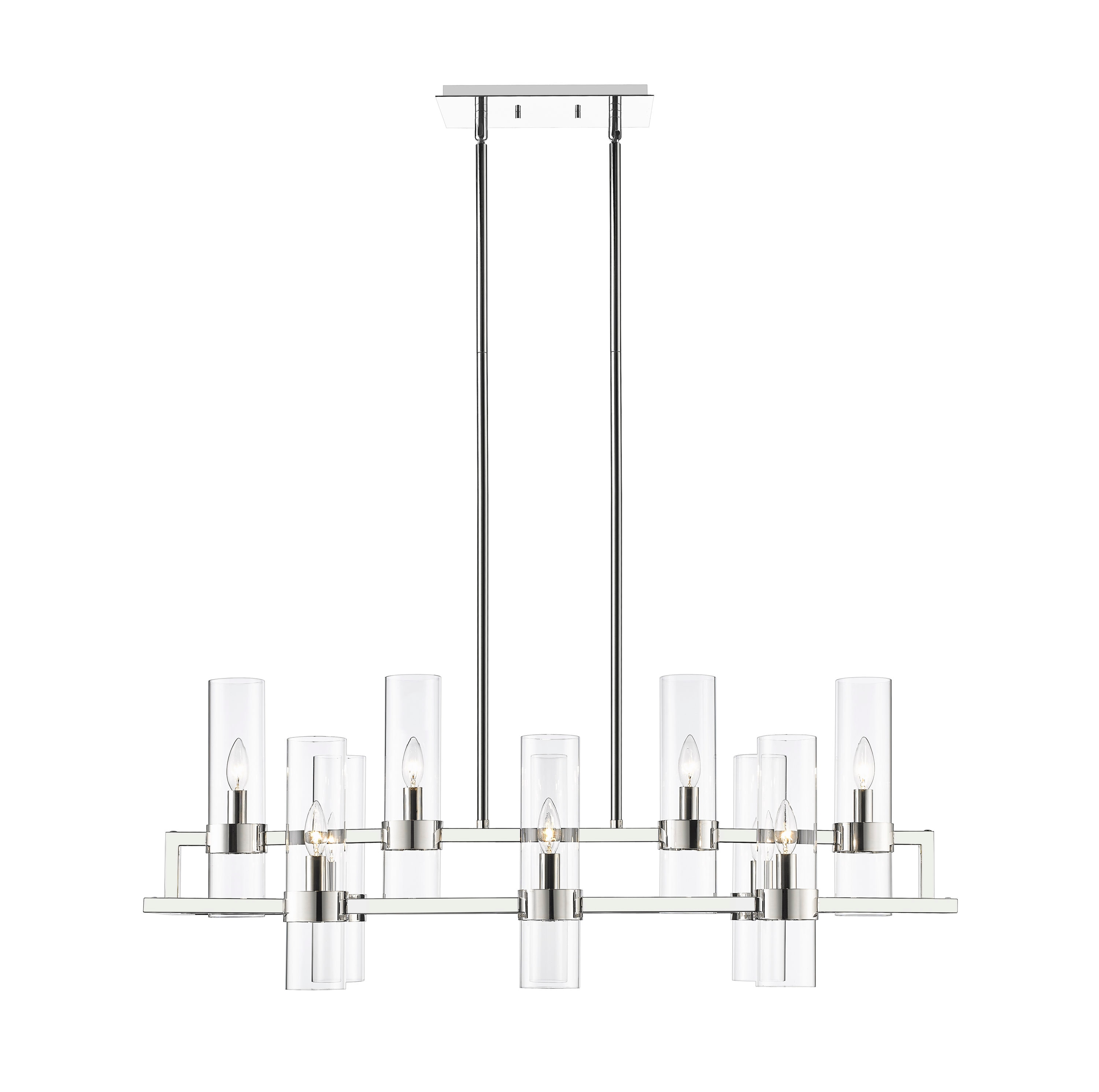 Polished Nickel 10-Light Chandelier with Clear Glass Cylinders