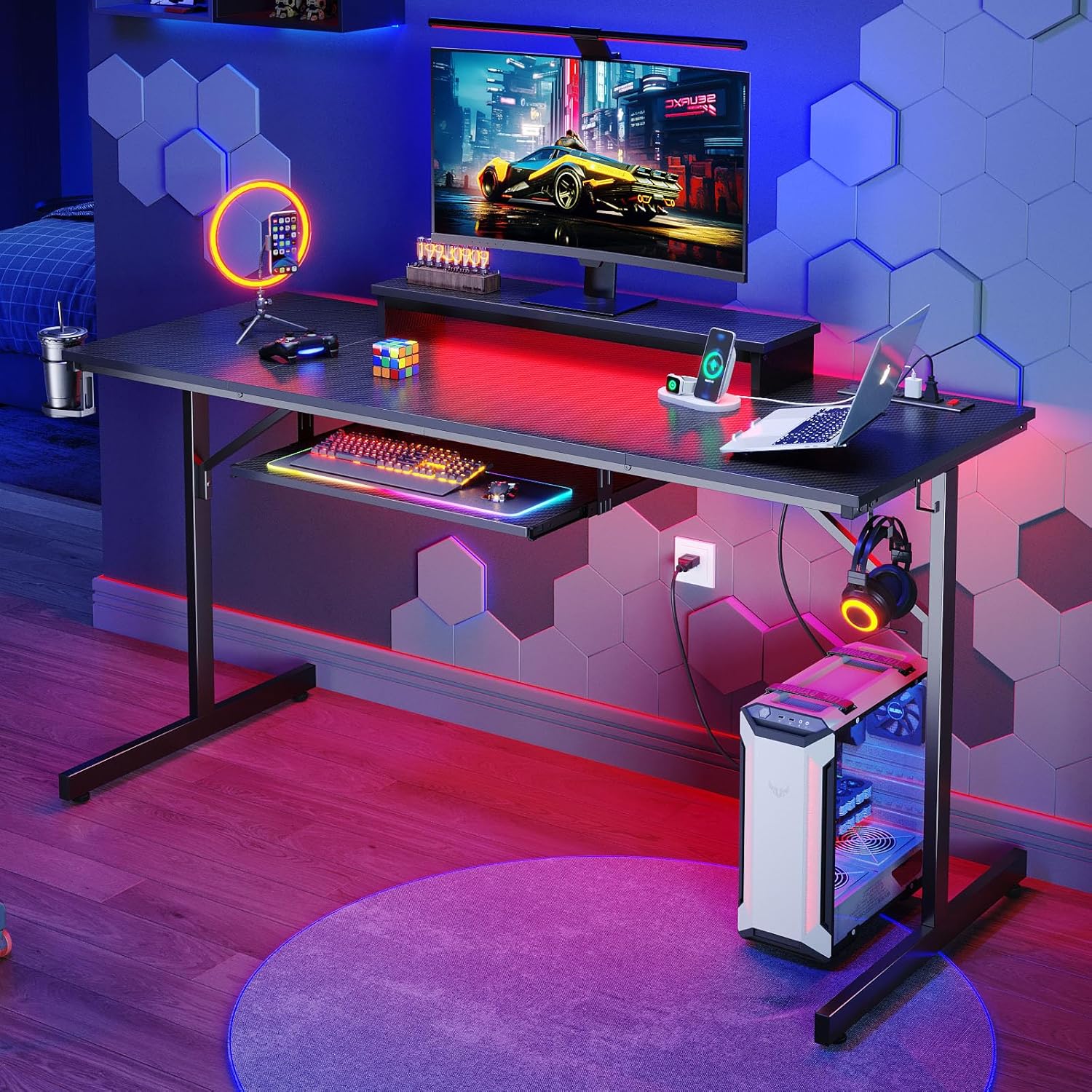 Bestier LOW-H104016SUS-BDCF 63-in W Black Computer Desk with Power Outlets and LED Lights