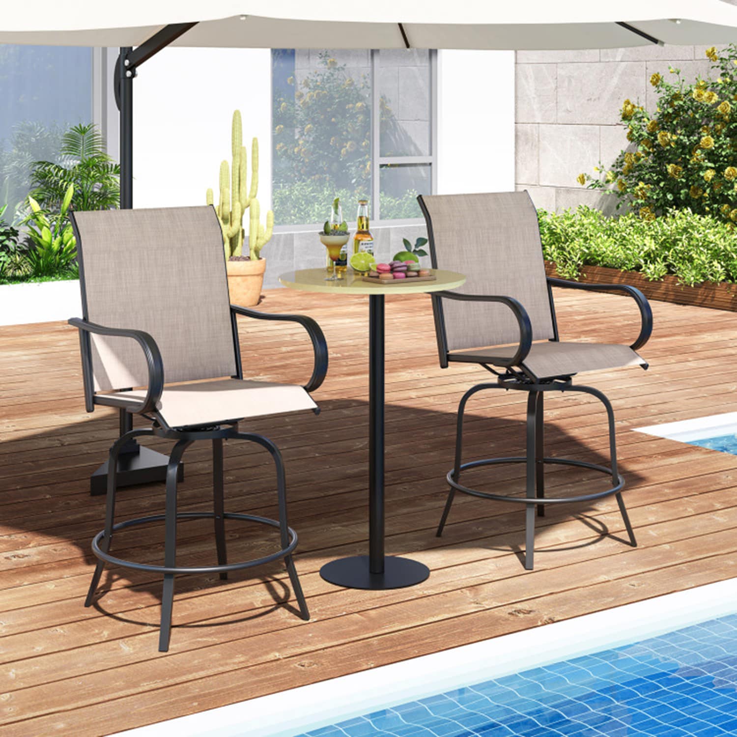 Mondawe MO-NP11924GR2 Set of 2 Black Metal Frame Stationary Bar Stool Chair with Off-white Sling Seat