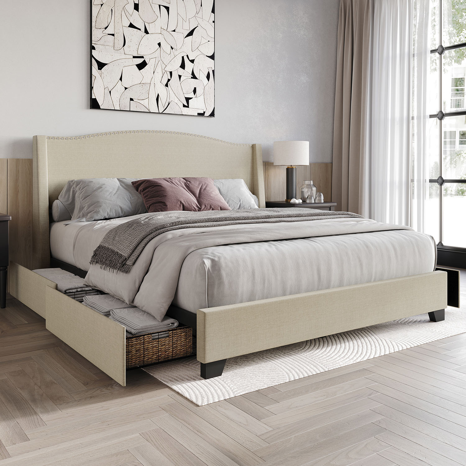 CasePiece C8530QPLS-BG-LN Beige Queen Wood Platform Bed with Storage