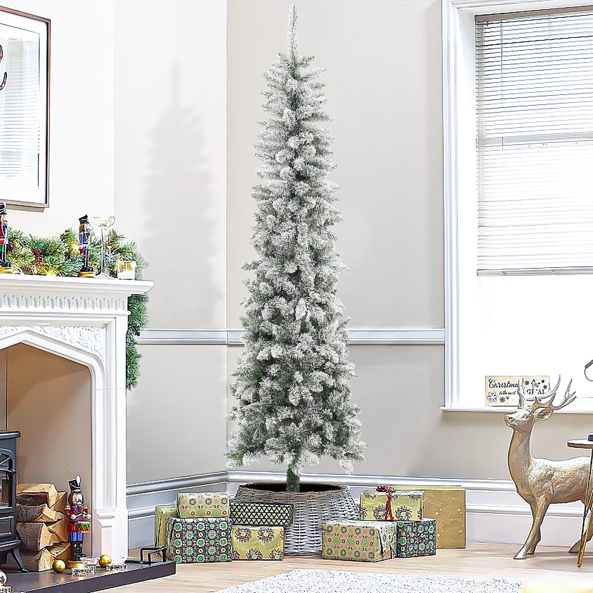 7.4ft Slim Flocked Green PVC Christmas Tree with Metal Stand