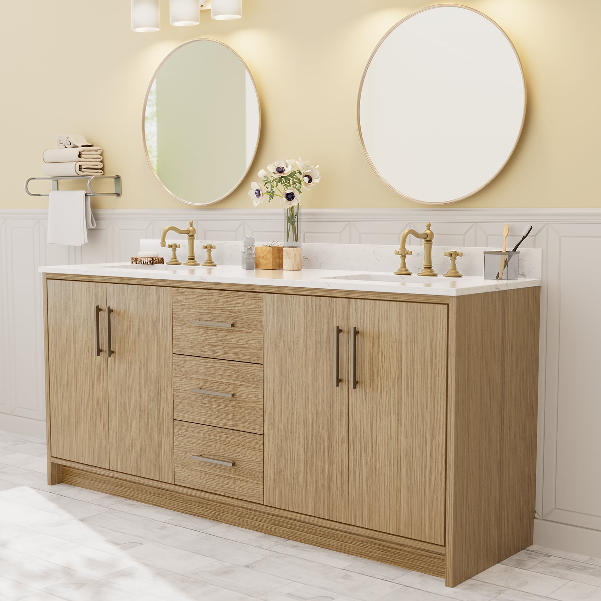 JEAREY YY-GY-48 Standard Size 72-in Wood Grain Double Sink Bathroom Vanity with White Cultured Marble Top