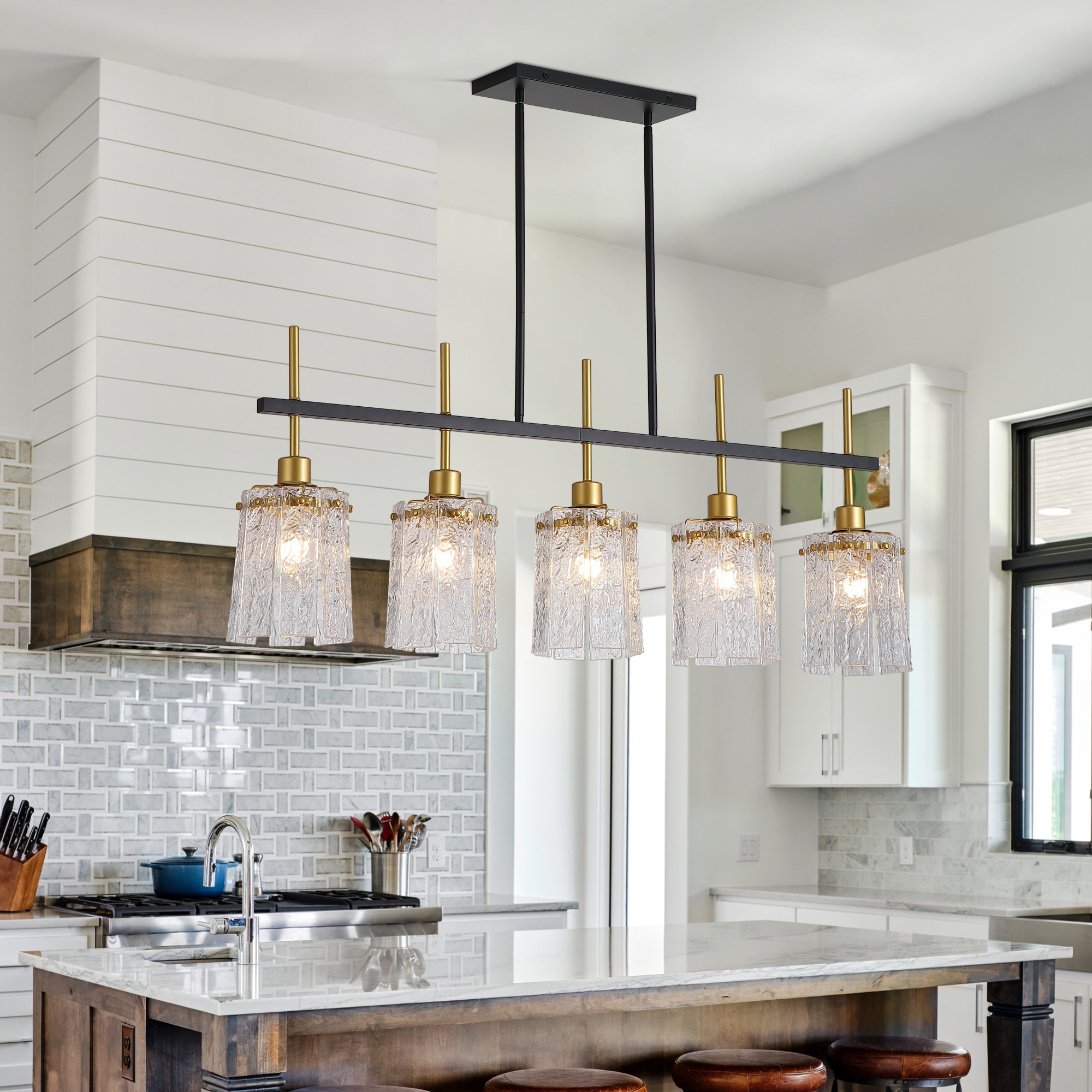 Sevenine Rerhill 5-Light Matte Black Modern Luxury Linear Chandelier with Water Ripple Glass for Living Room Kitchen Island with No Bulbs Included