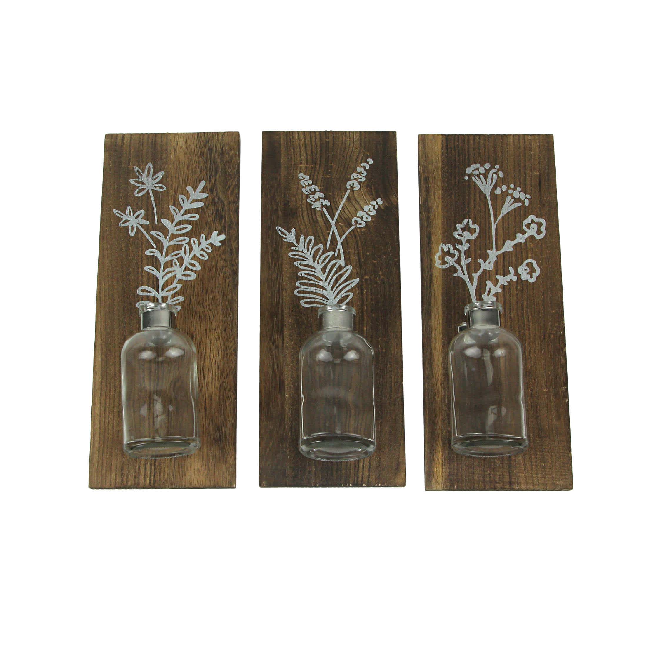Zeckos PDH-HX33157-SET Set of 3 Wood Framed Glass Bottle Wall Vases Bohemian Style Boho Decor