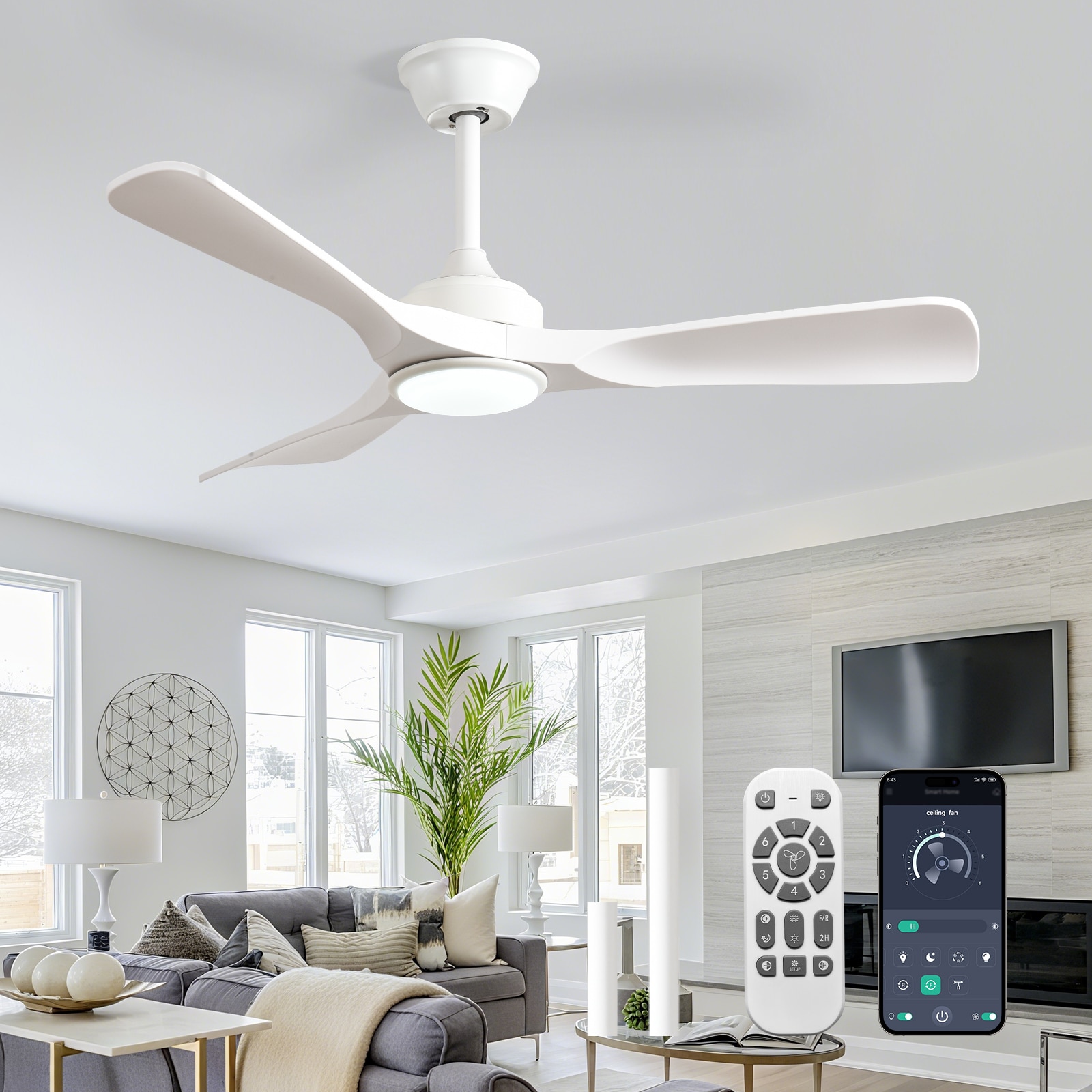 Depuley 180C 42-in white with white Blades LED Smart Fandelier Ceiling Fan With Light and Remote Control Included 3 -Blade