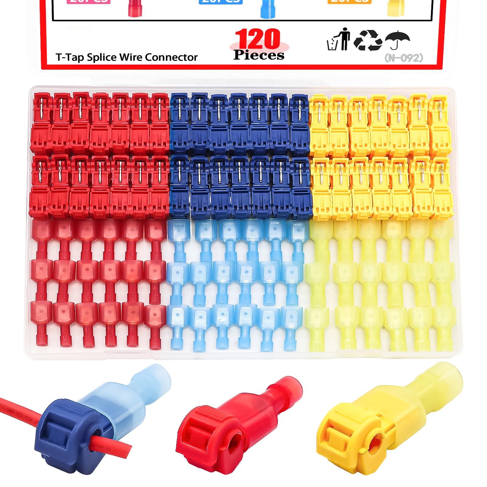 Etokfoks - Self Stripping T Tap Wire Connectors and Male Quick Disconnect Assortment Red Blue Ye...