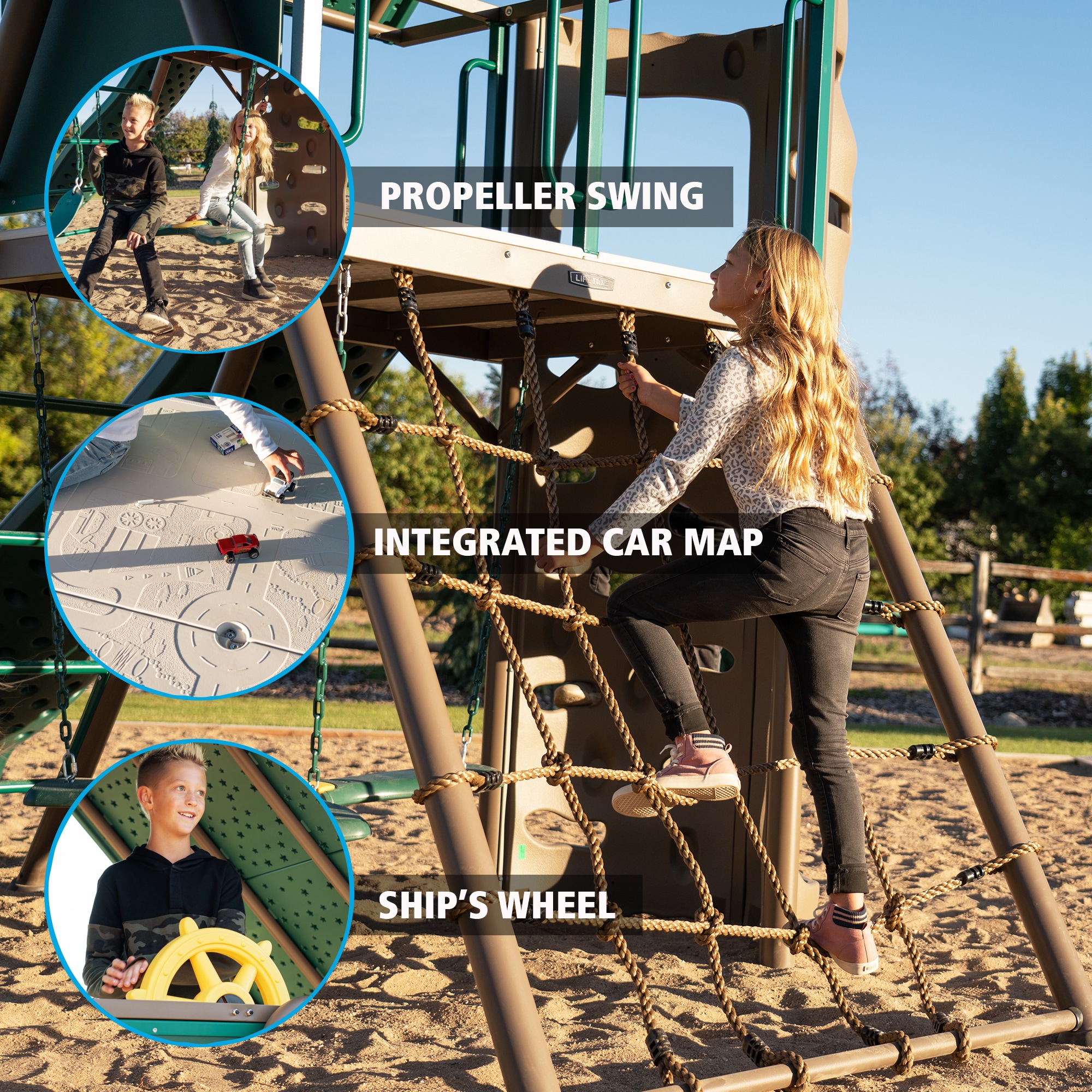 Lifetime Green and Brown Metal Swing Set with Slide and Climbing Wall