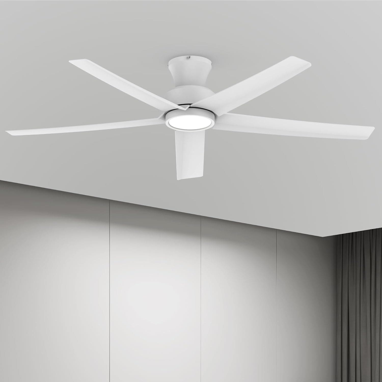 TALOYA TLY-WF-WH-X52 BreezeMaster 52-in Integrated LED Flush Mount Matt White with Matte Blades Ceiling Fan With Light and Remote ( 5 -Blade )