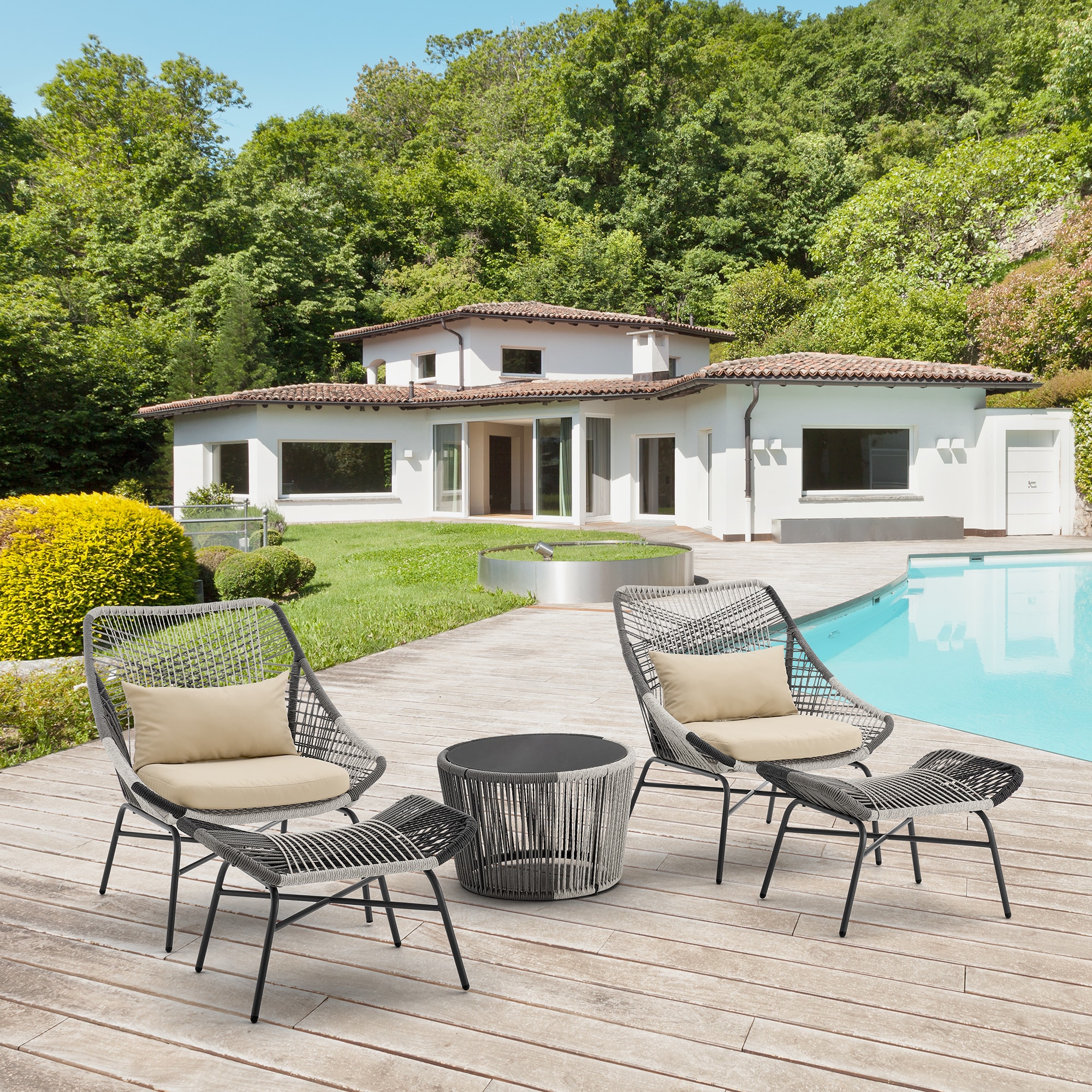 Manhattan Comfort OD-CV023-CR Pine 5 -Piece Patio Conversation Set with Off-white Cushions