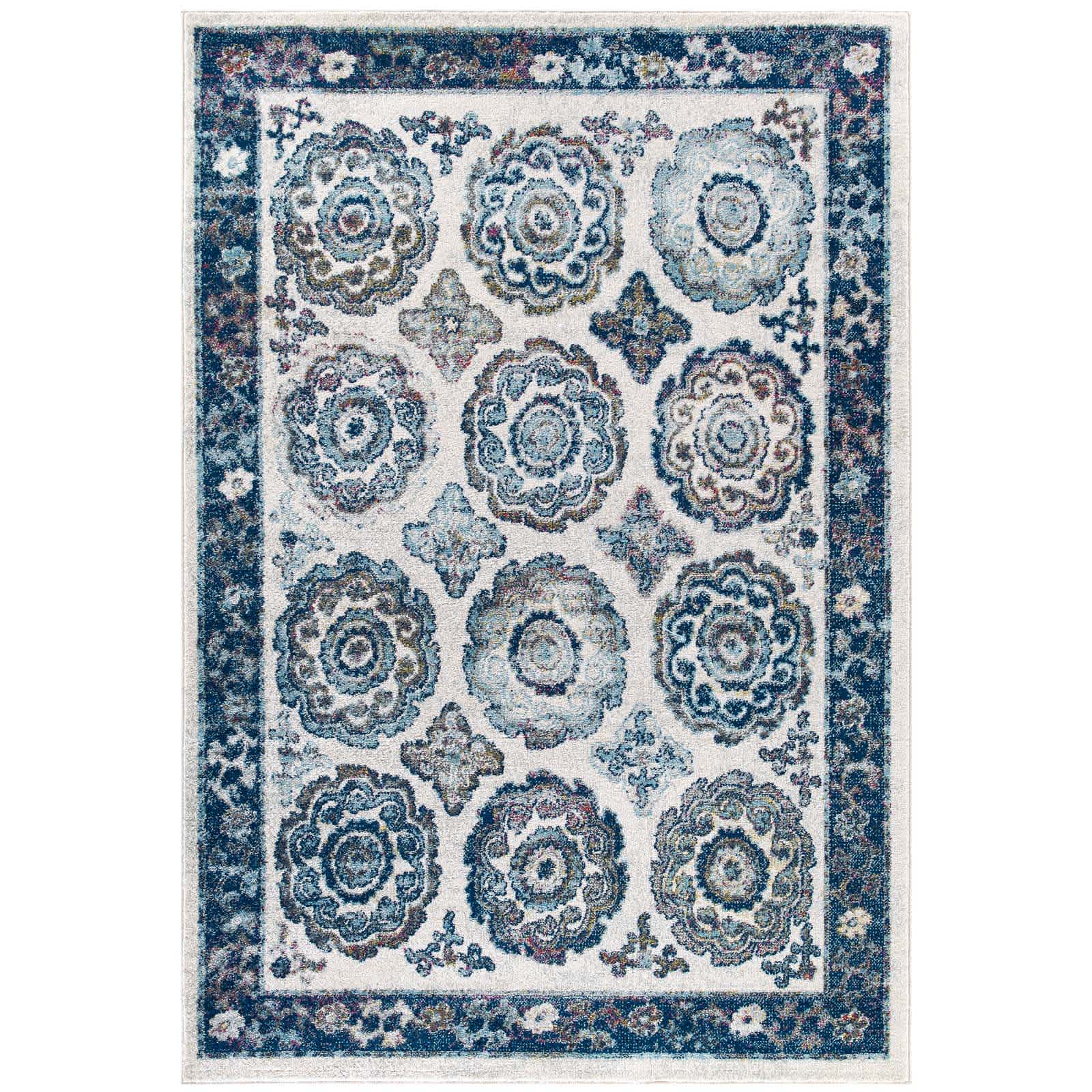 Entourage Odile Distressed Floral Moroccan Trellis 5-ft x 8-ft Area Rug in Ivory and Blue