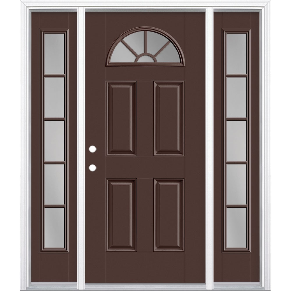 Masonite 1218440 60-in x 80-in x 4-9/16-in Fiberglass 1/4 lite Right-hand inswing Chocolate Painted Prehung Front Door with Sidelights with Brickmould Insulating core with Grilles